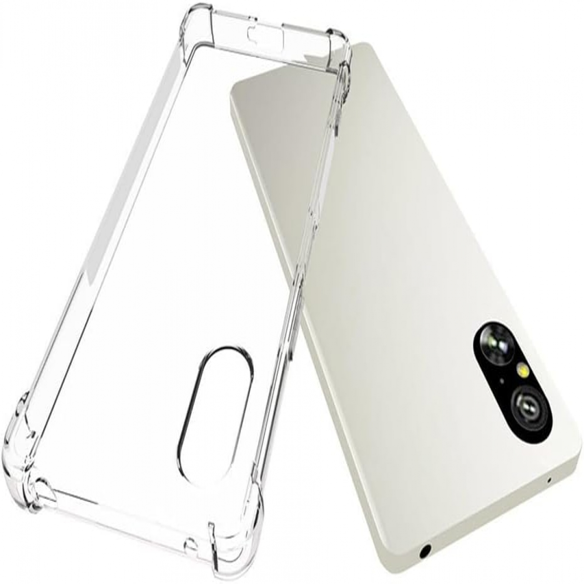 Eine transparente Handyhülle neben einem weißen Handy. Das Handy hat zwei Kameras auf der Rückseite.