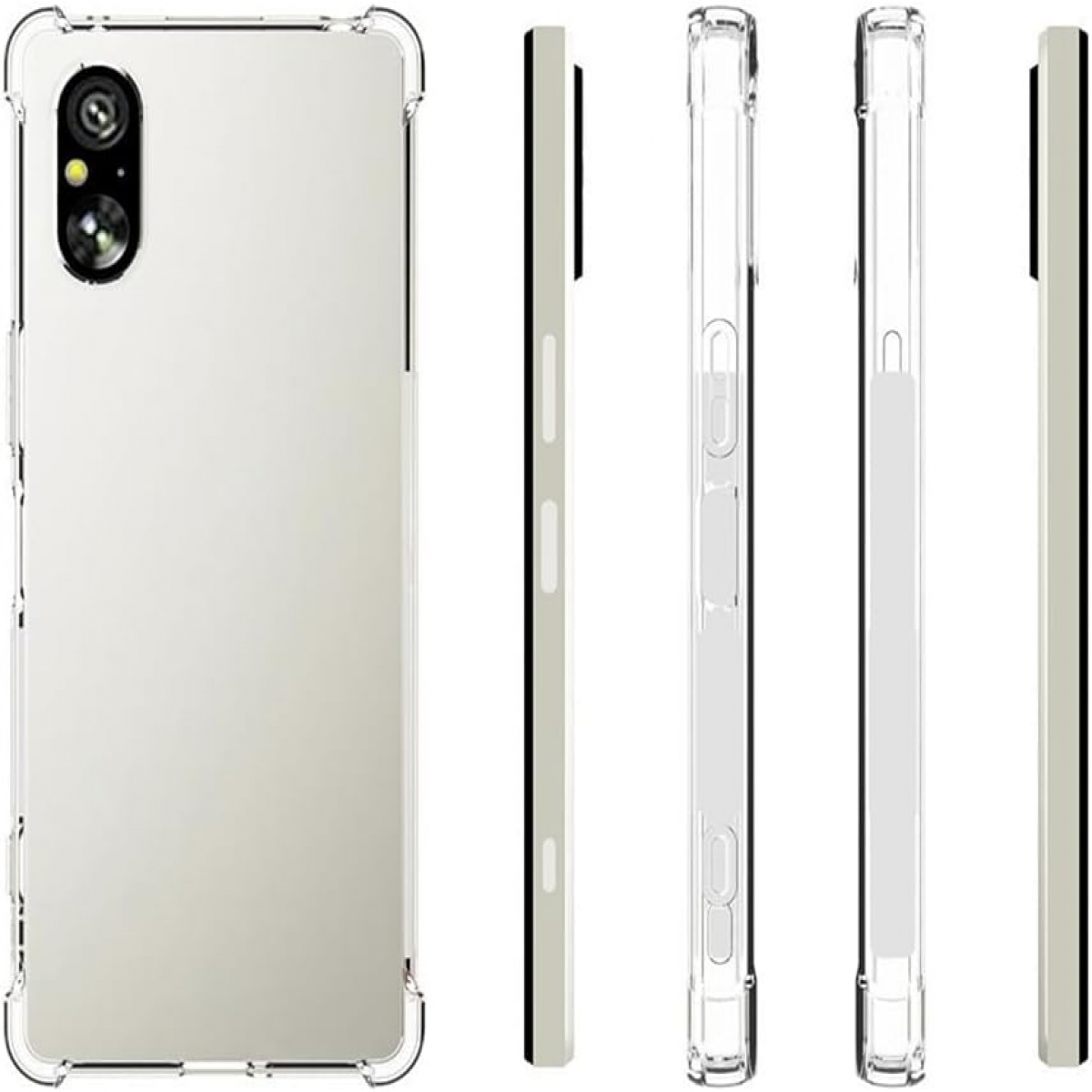 Transparente Handyhülle, mehrere Ansichten. Telefon darin. Seitenansicht zeigt Tasten. Klares, schützendes Design.