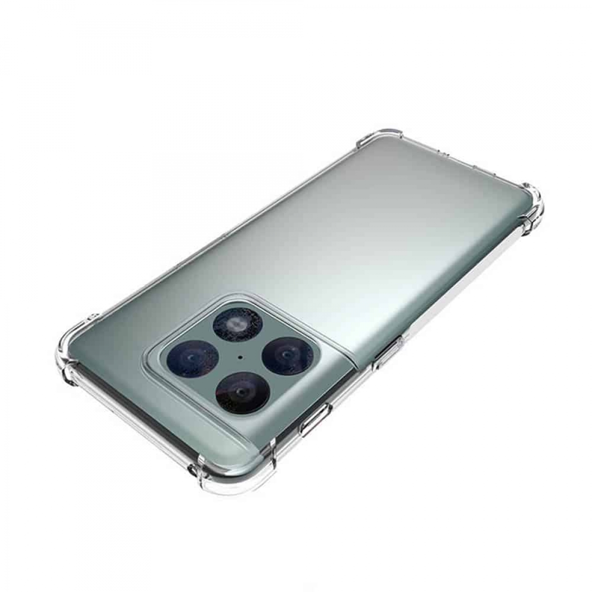 Telefon in klarer Hülle. Das Telefon hat einen schwarzen Bildschirm und Kameralinsen auf der Rückseite.