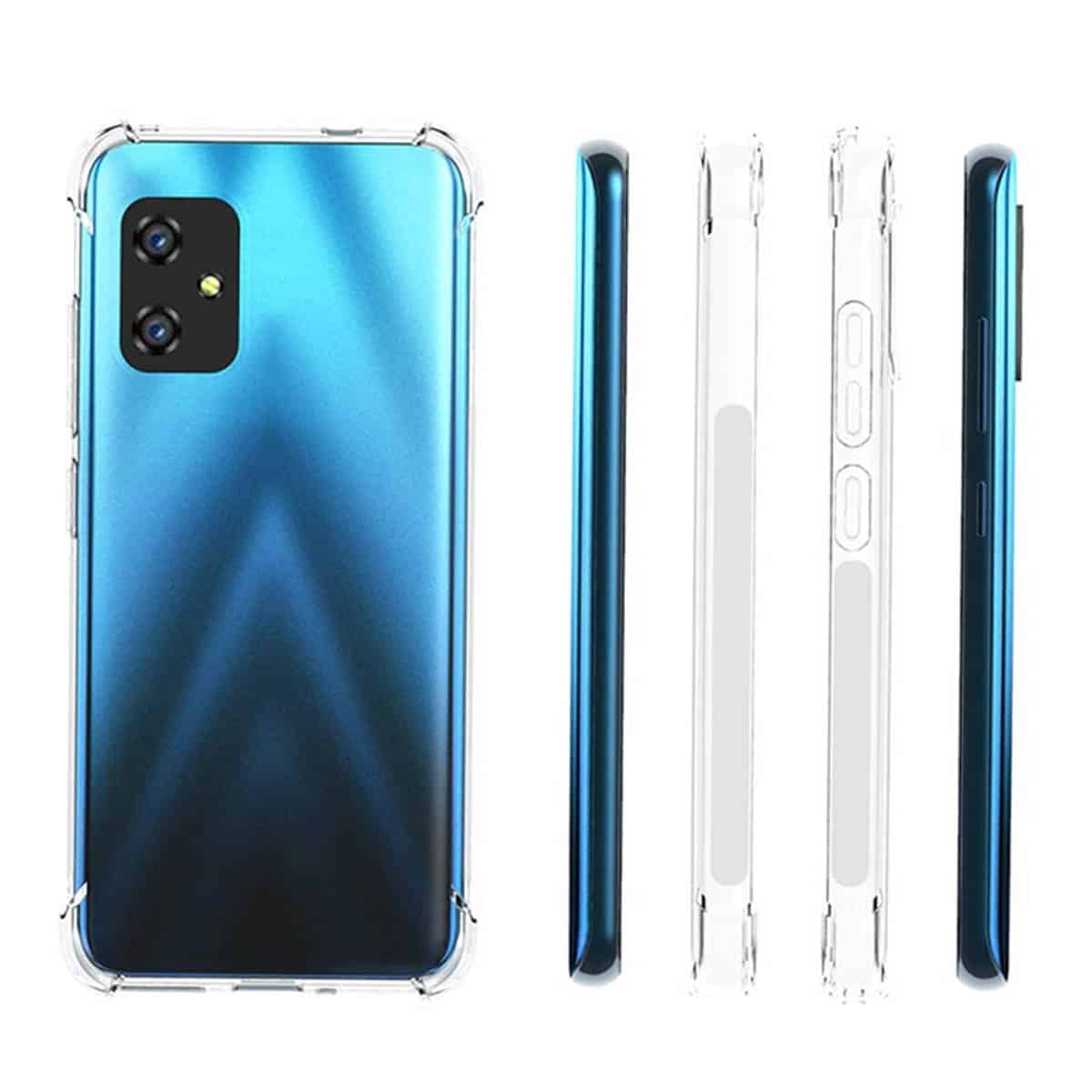 Telefon mit klarer Hülle. Das Telefon hat eine blaue Farbverlauf-Rückseite und eine klare Hülle. Mehrere Seitenansichten sind ebenfalls gezeigt.