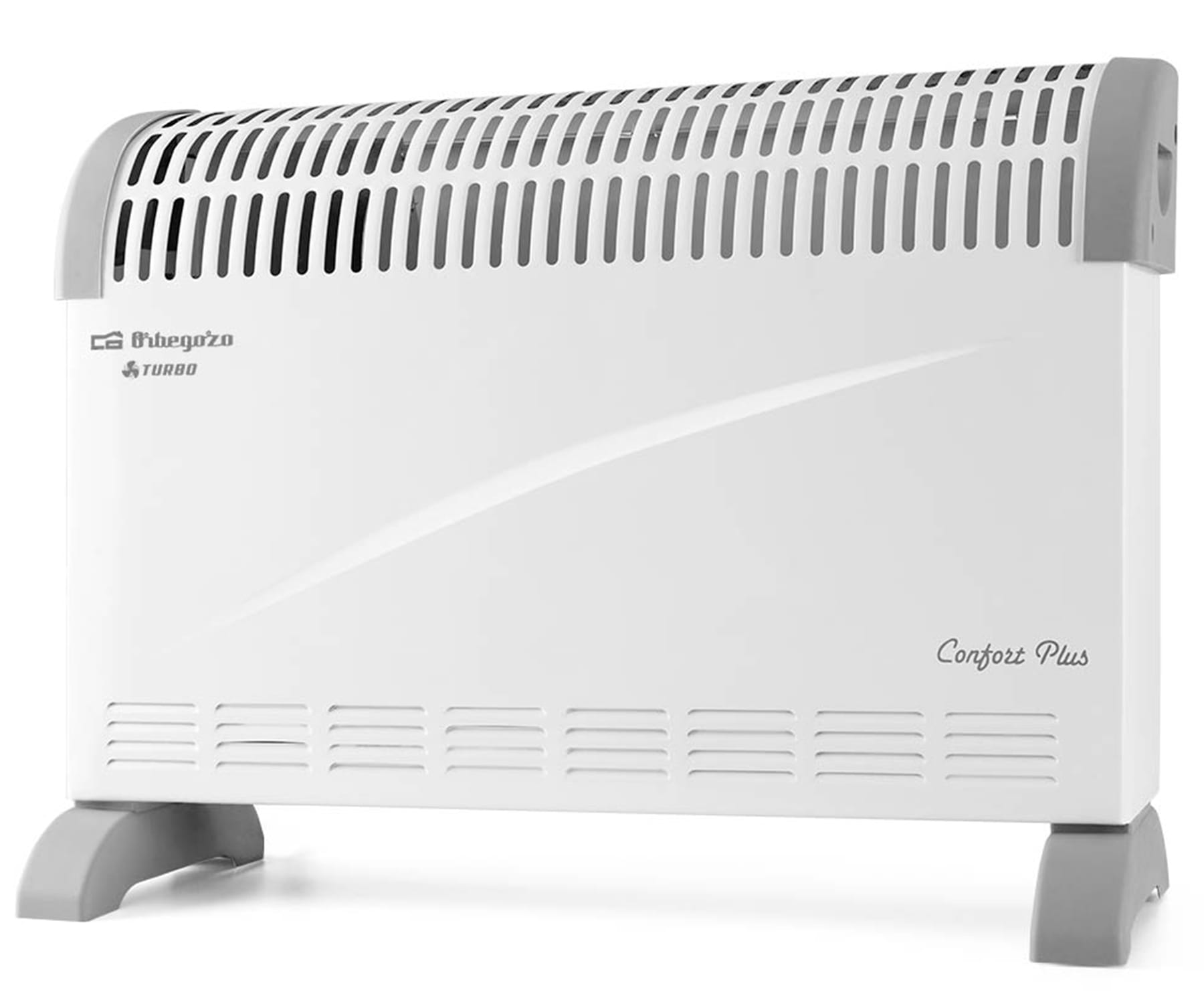 Biały grzejnik elektryczny z szarymi akcentami.