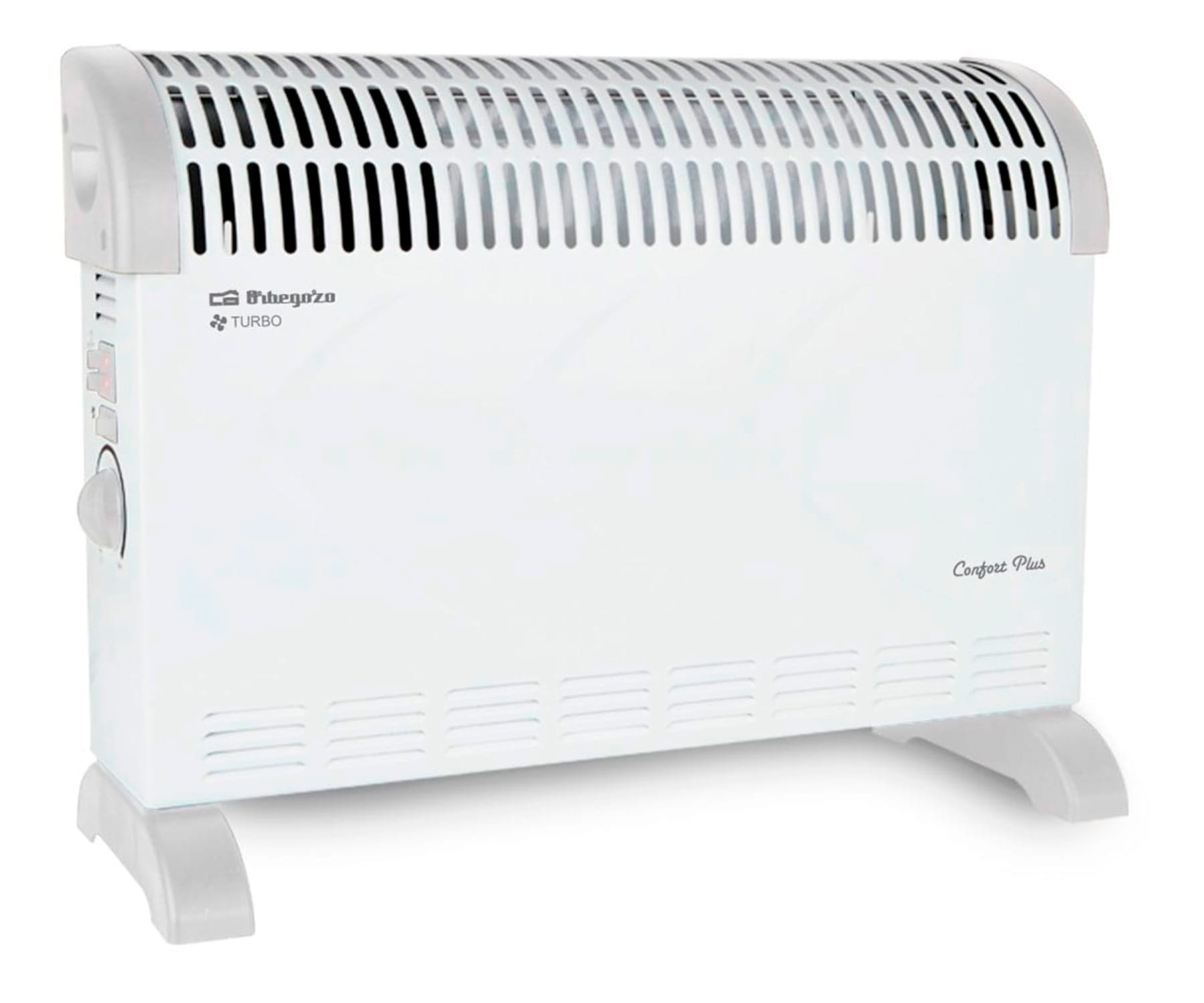 Biały grzejnik elektryczny, białe tło. Tekst: Orbegozo, Turbo, Confort Plus.