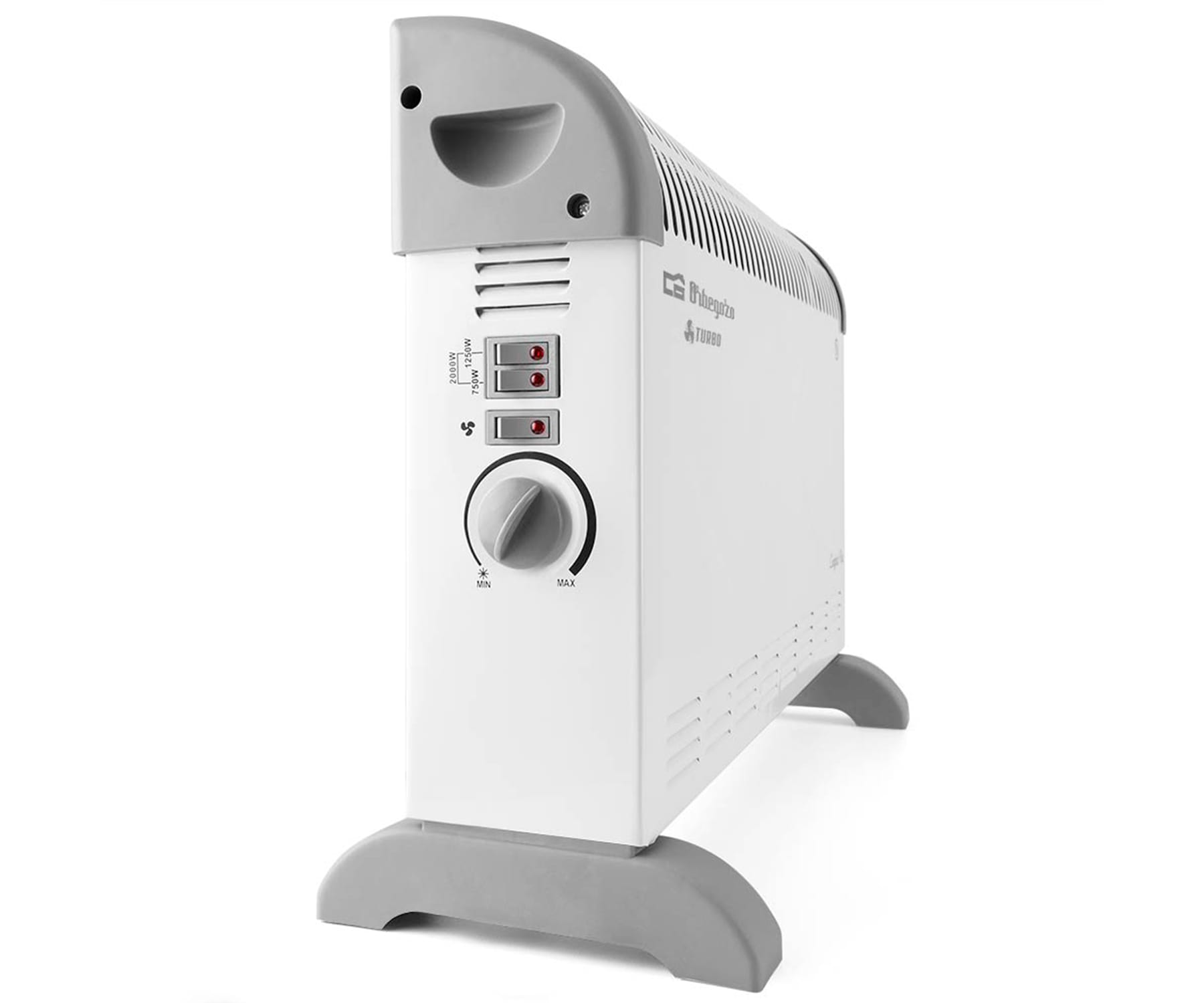 Biało-szary grzejnik elektryczny z pokrętłem i przełącznikami z przodu.