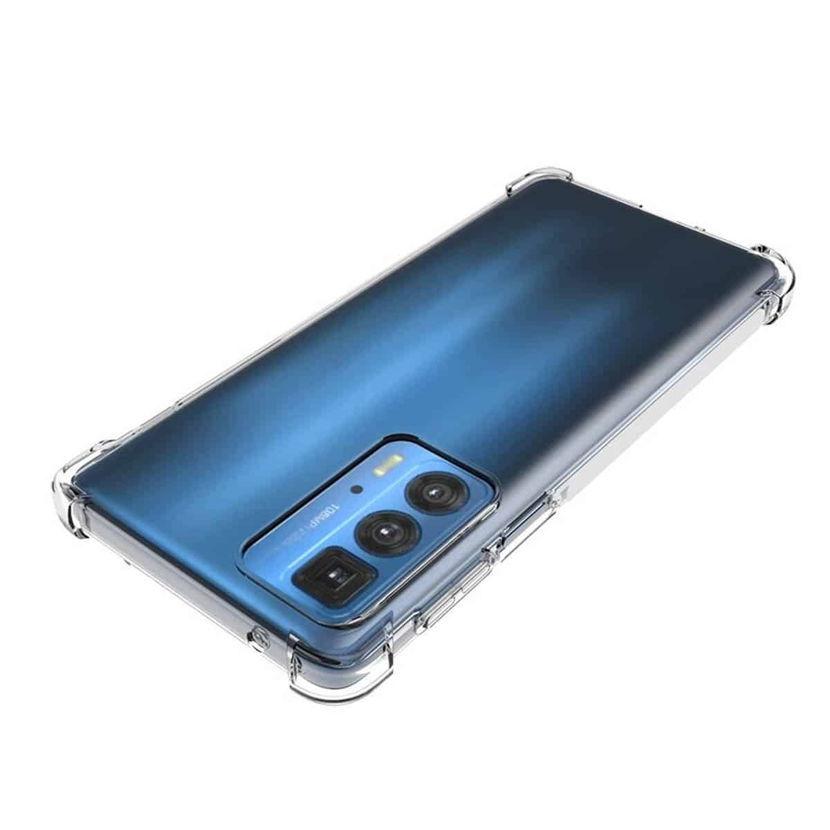 Klare Handyhülle auf einem blauen Telefon. Hülle hat schützende Kanten.