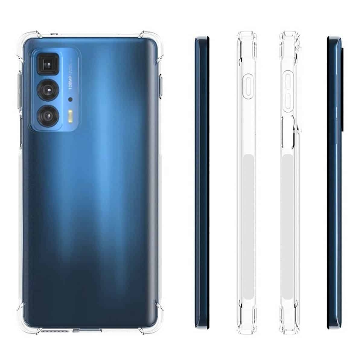 Telefon mit durchsichtiger Hülle, Seitenansicht von Telefon und Hülle. Blaue Telefonrückseite.