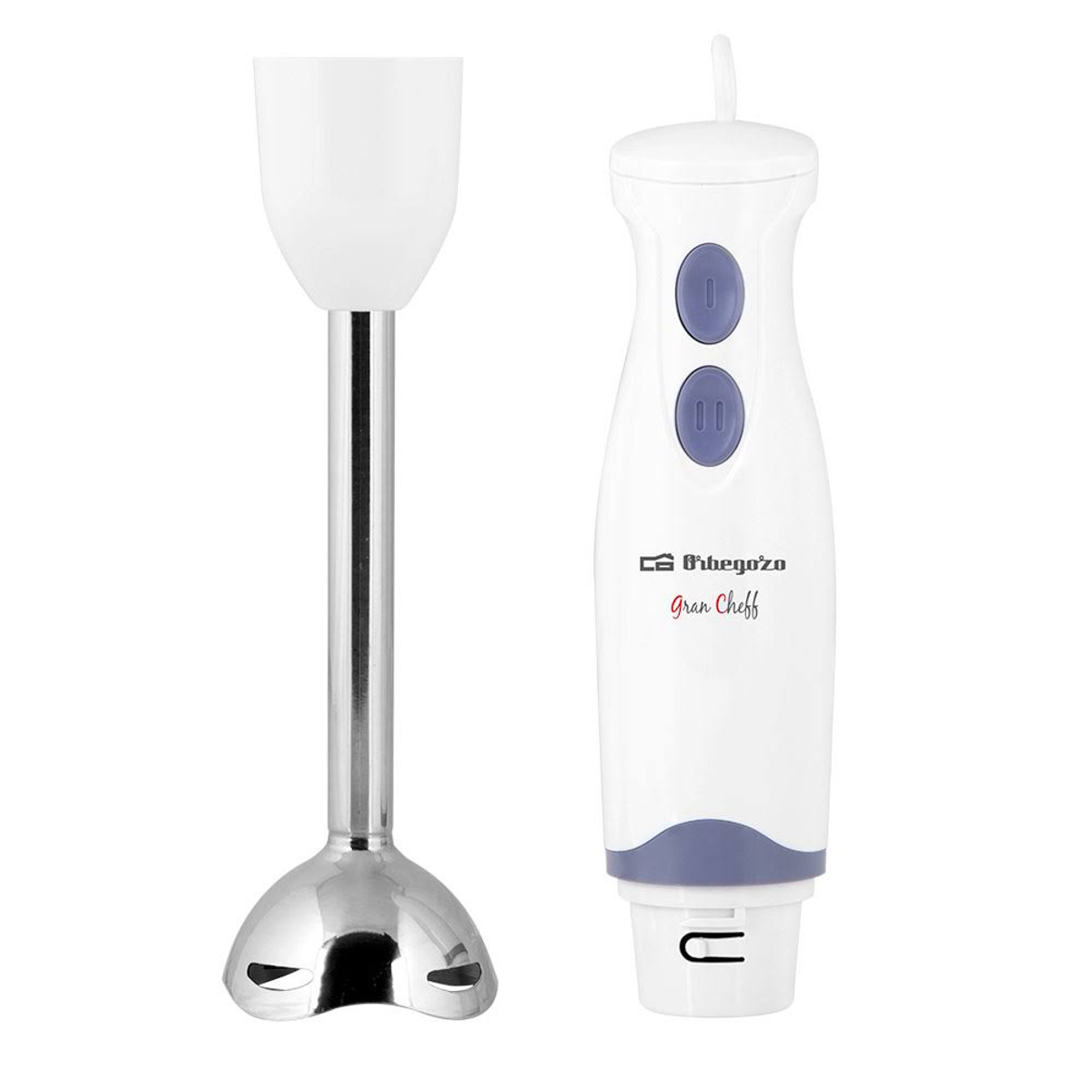 Biały blender ręczny. Ma biały uchwyt z przyciskami i końcówkę ze stali nierdzewnej.