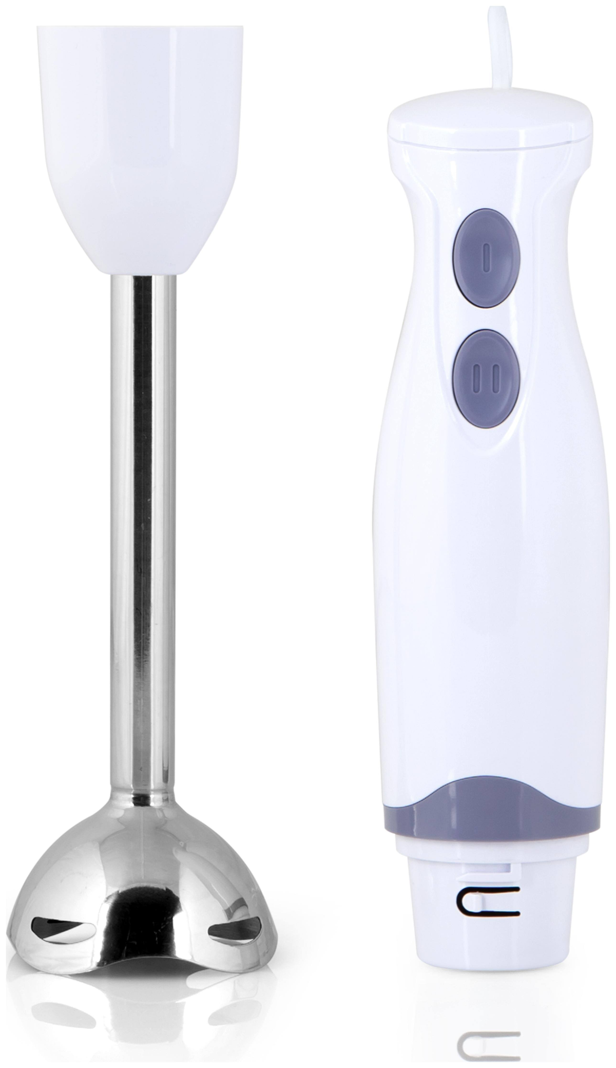 Biały blender ręczny z dwoma przyciskami na uchwycie i końcówką do miksowania.