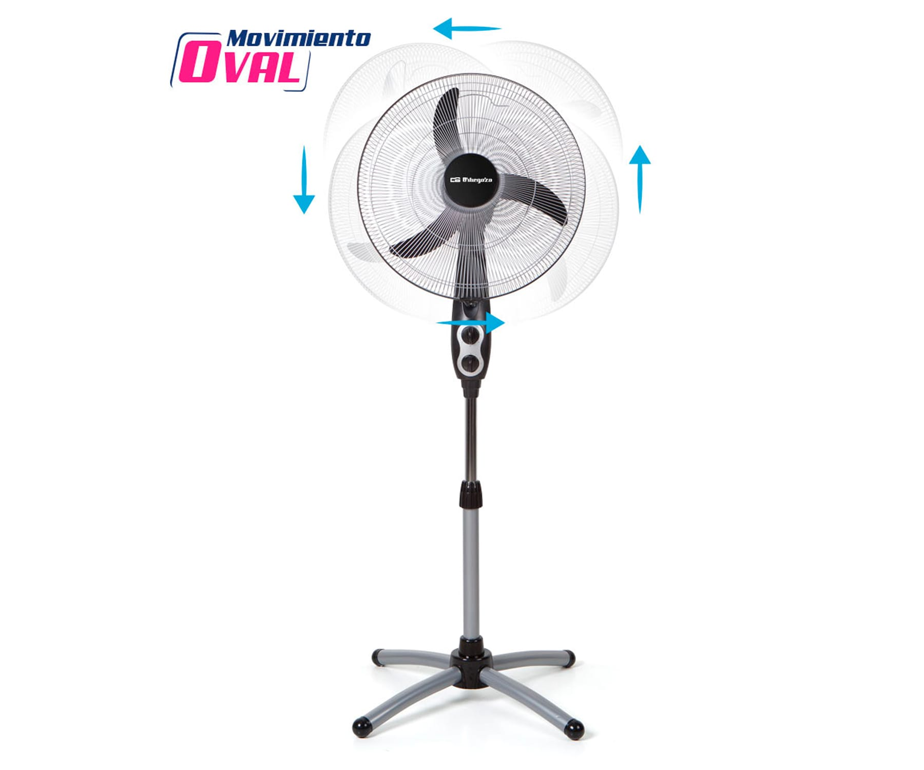 Biały wentylator stojący z czarną głowicą i szarą podstawą, obracający się.