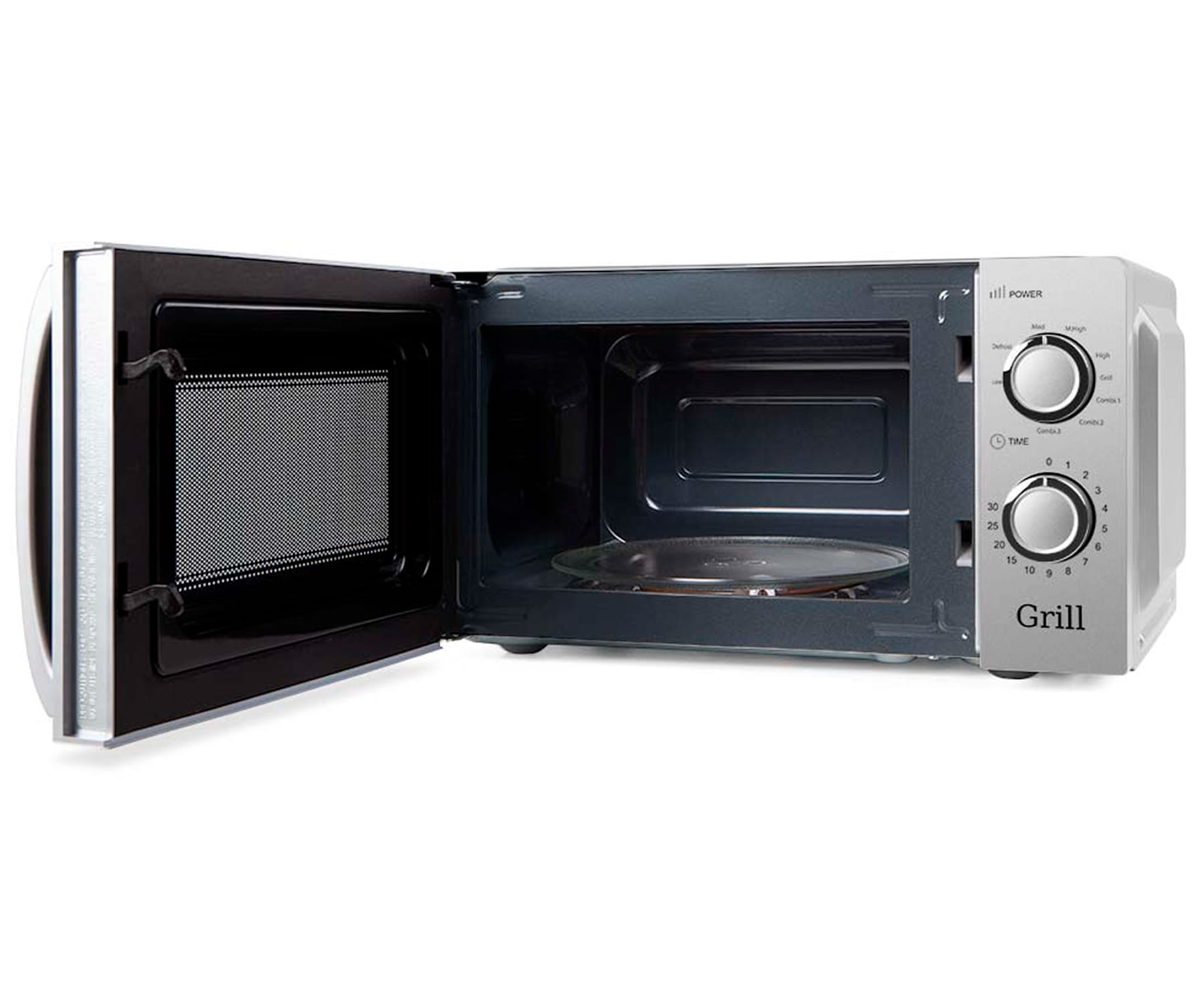 Srebrna kuchenka mikrofalowa z otwartymi drzwiami, szklany talerz. Sterowanie po prawej.