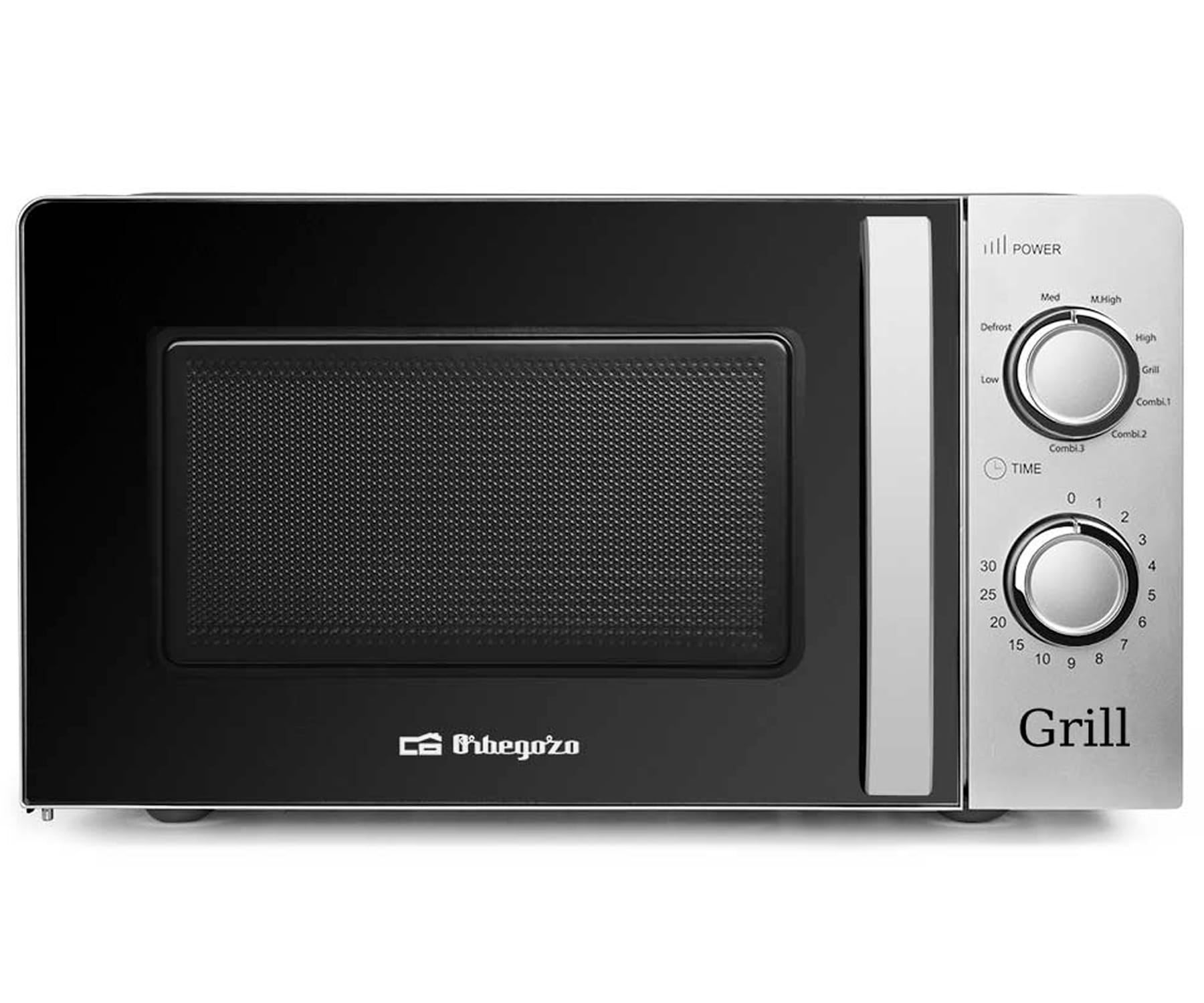 Czarna i srebrna kuchenka mikrofalowa z elementami sterującymi po prawej i czarnymi drzwiami.