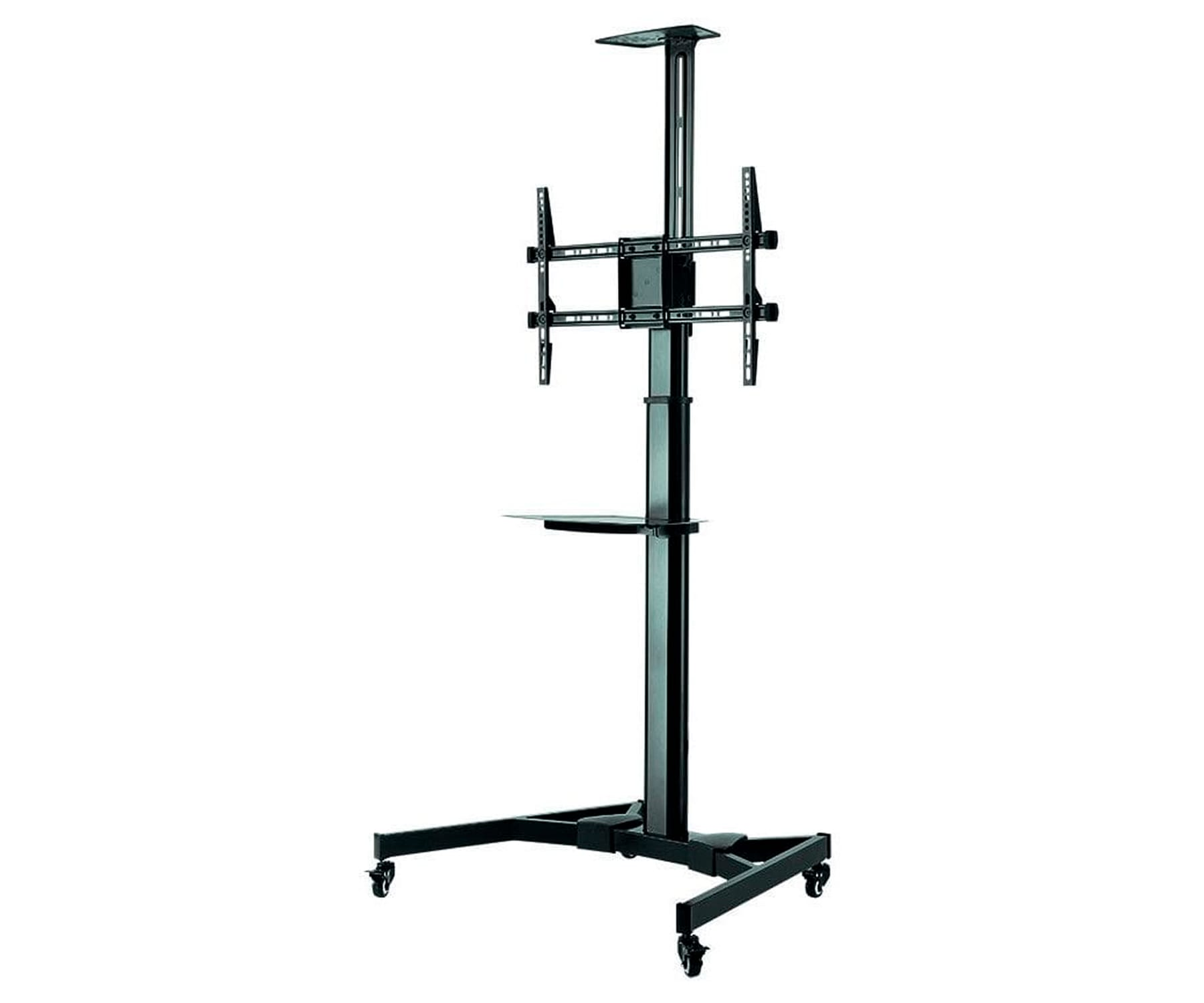 Soporte de TV negro con dos soportes, una estantería y ruedas.
