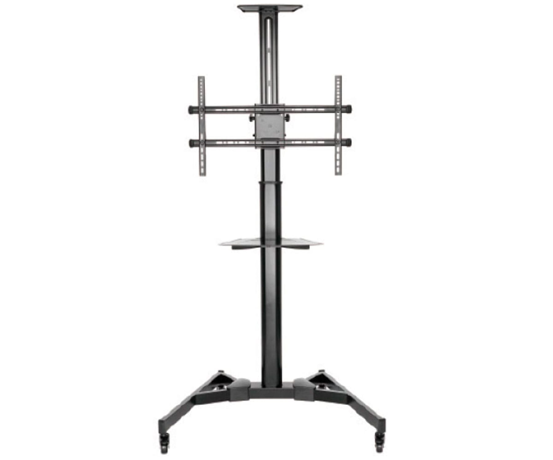 Soporte de TV negro con televisor montado. El soporte tiene un estante y una base rodante.