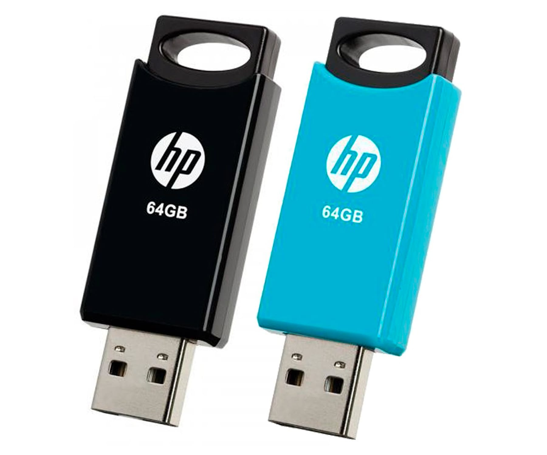 Dwa pendrive'y USB, czarny i niebieski. Oba mają logo HP i etykietę 64GB.