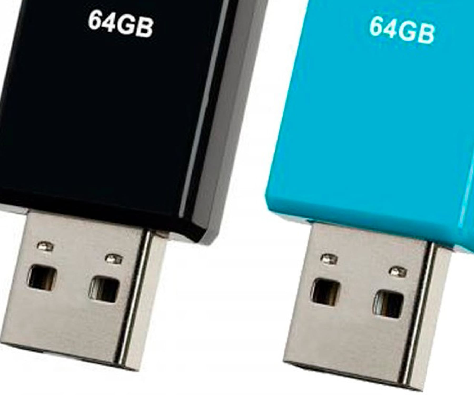 Dwa pendrive'y USB, jeden czarny i jeden niebieski, każdy z napisem '64GB'.