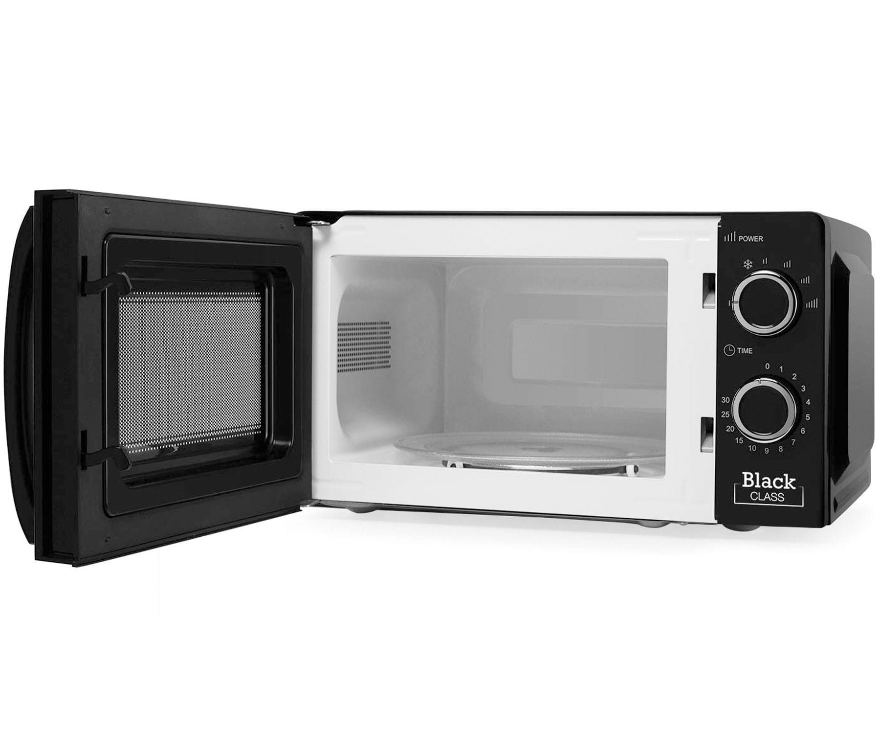 Czarna kuchenka mikrofalowa, otwarta. Wnętrze ze szklanym talerzem. Czarno-biały design.