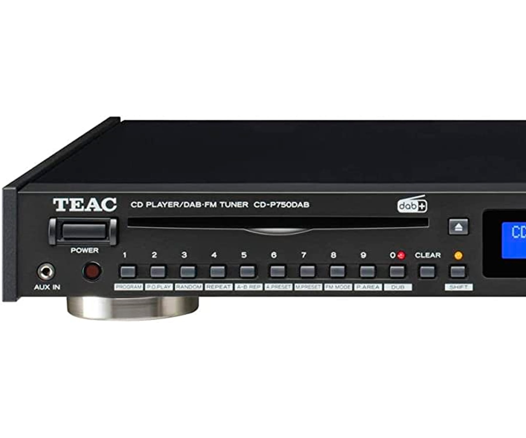 Reproductor de CD negro con botones y pantalla, primer plano.