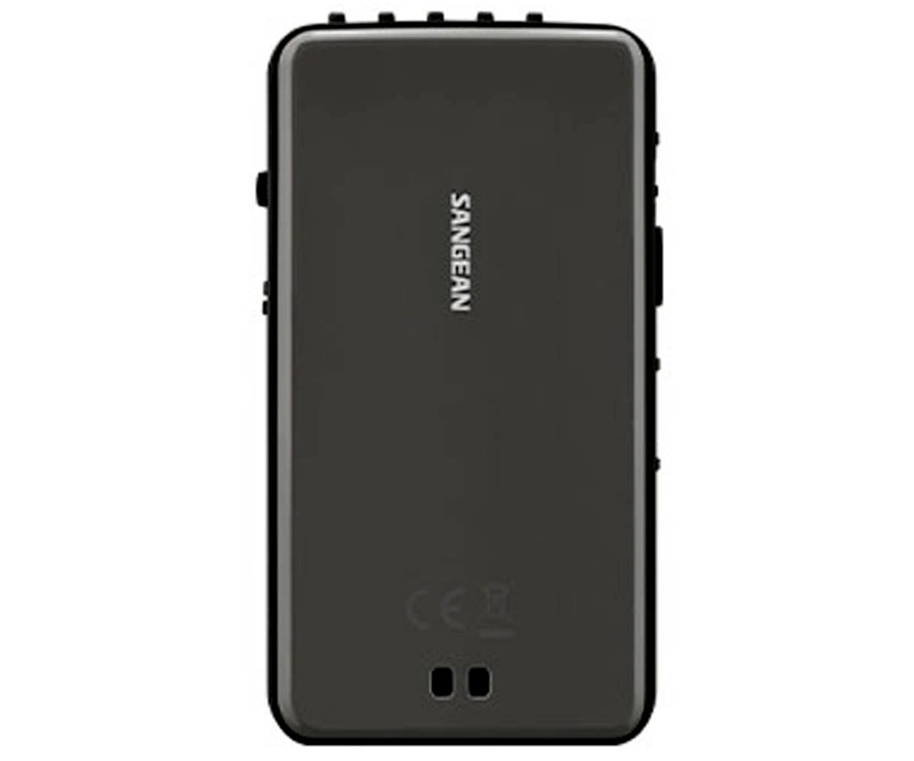 Czarny odtwarzacz audio z przyciskami i ekranem. Białe tło.