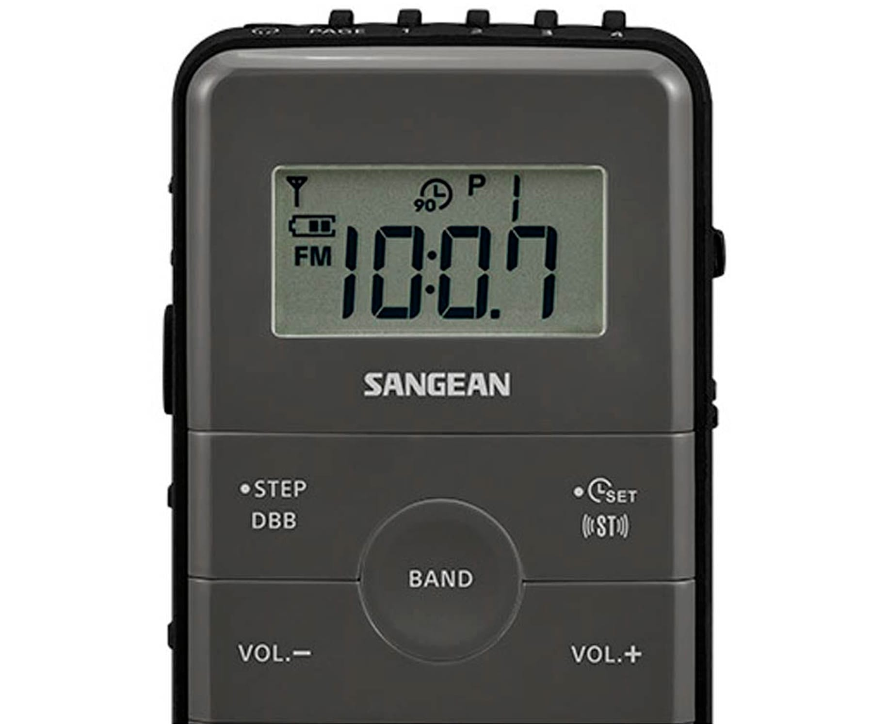 Szare radio przenośne. Wyświetlacz z czasem i częstotliwością, z przyciskami.