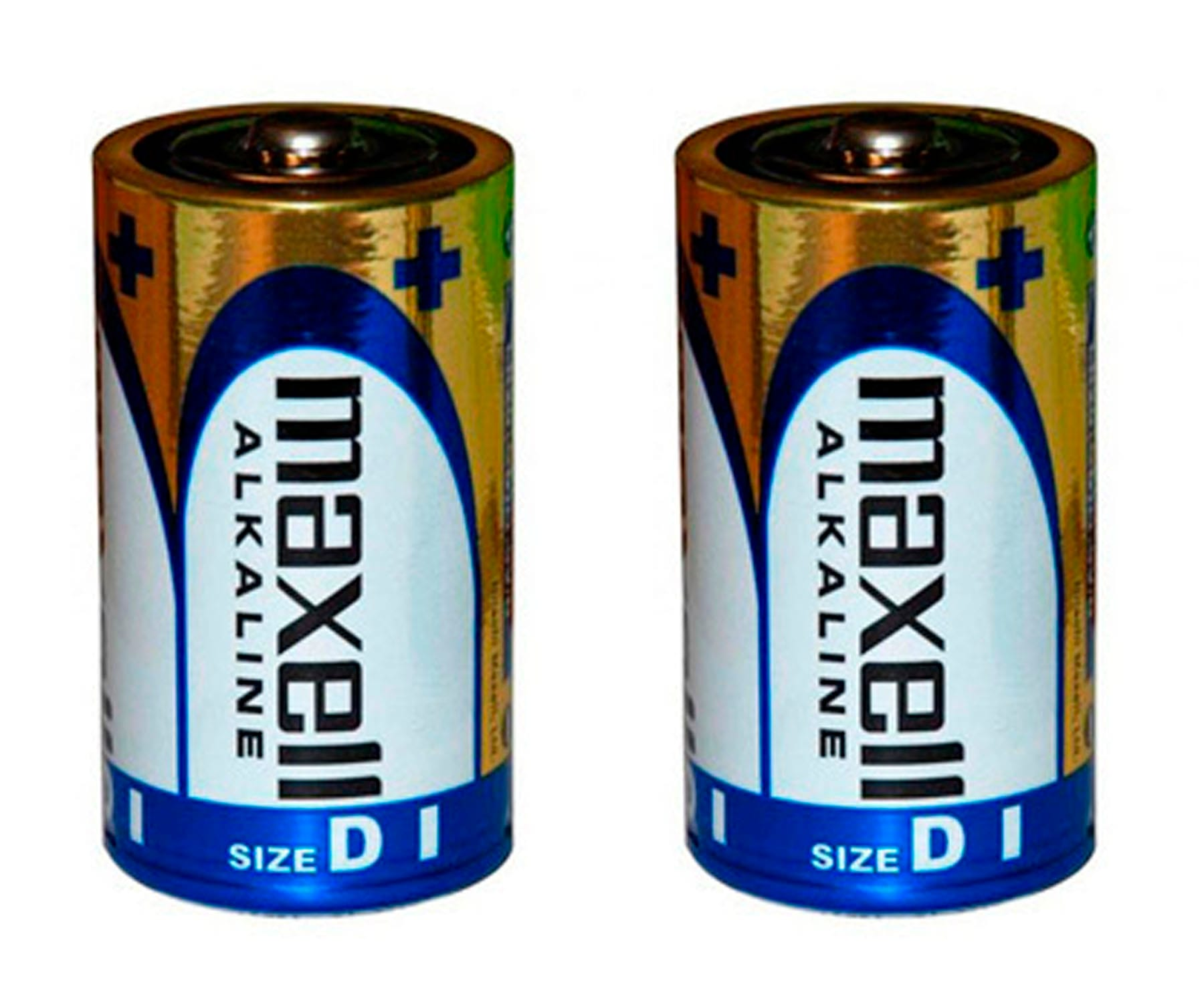 Se muestran dos pilas D Maxell, con etiquetas doradas y azules. Las pilas son cilíndricas con la parte superior negra.