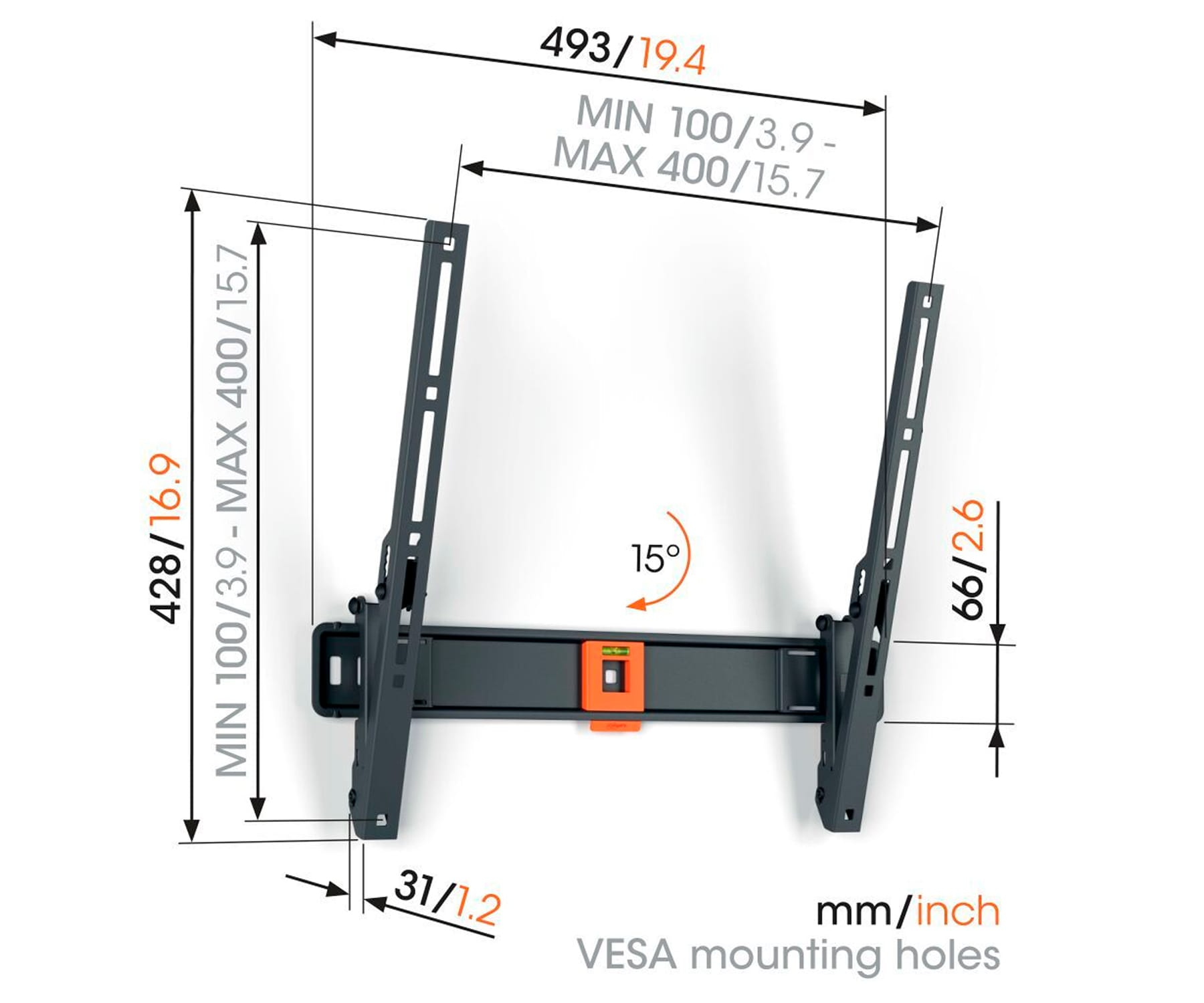 Czarny i pomarańczowy uchwyt ścienny do telewizora. Wymiary i otwory montażowe VESA są opisane.