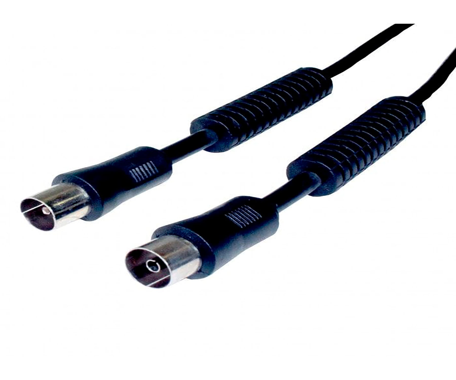 Dos cables coaxiales negros con conectores, sobre fondo blanco.