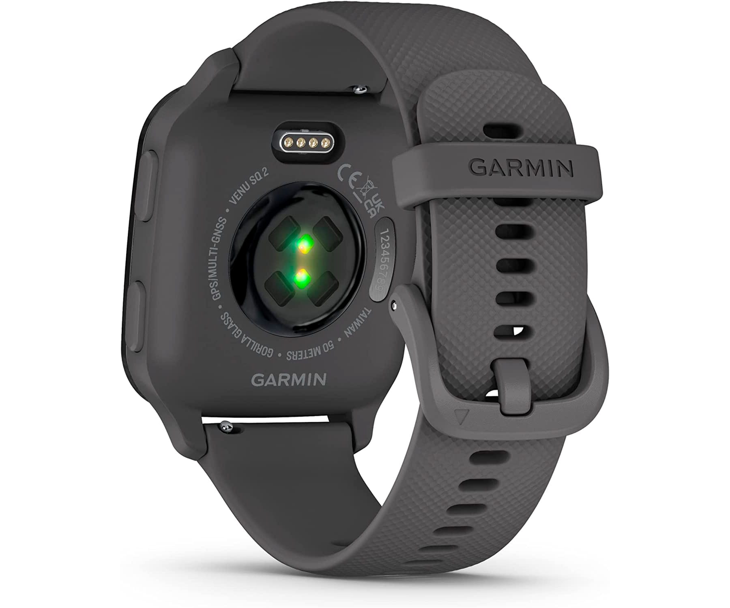 Szary smartwatch Garmin z szarym paskiem. Białe tło.