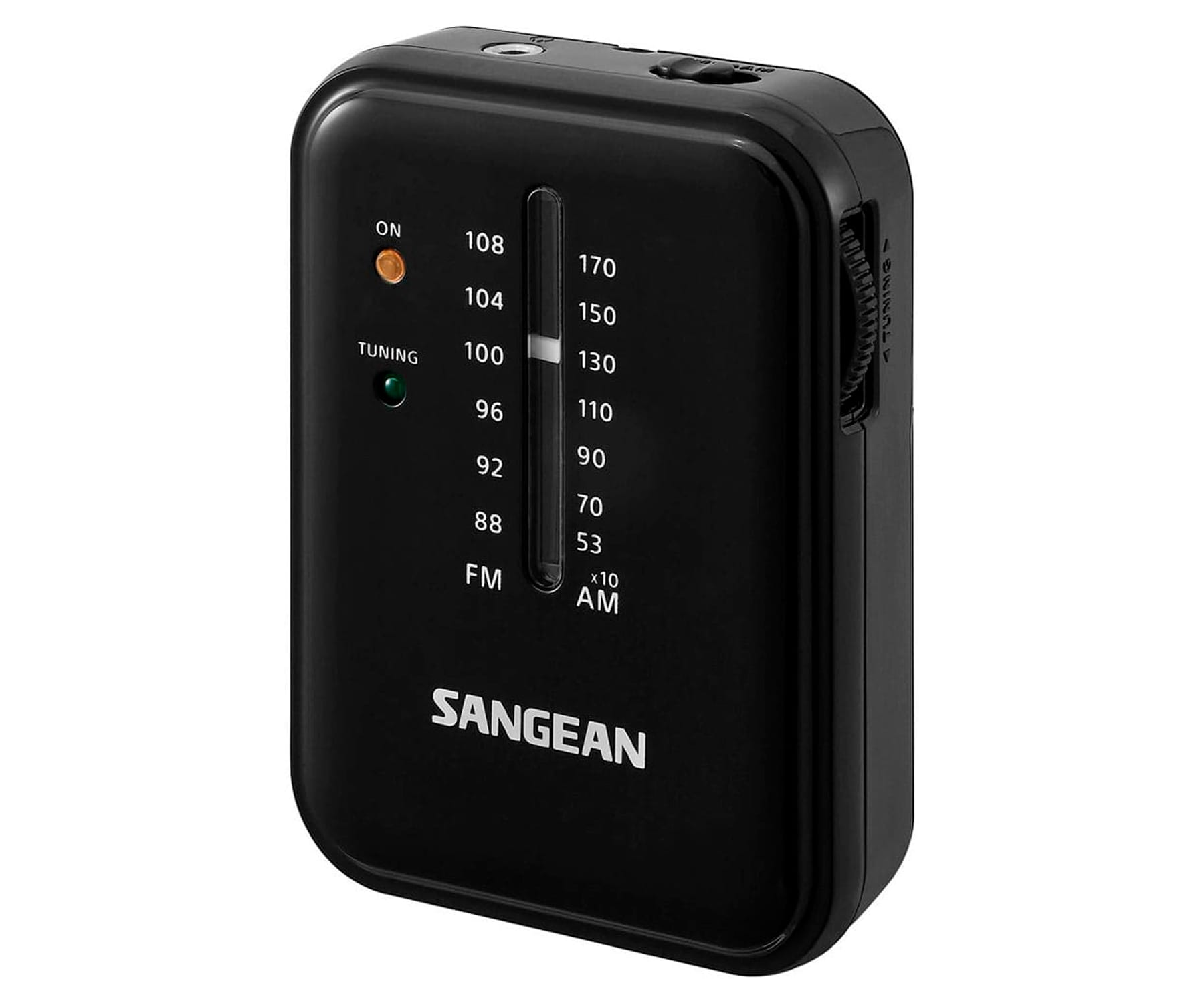 Czarny przenośny radioodbiornik z pokrętłem strojenia i wskaźnikami częstotliwości AM/FM.
