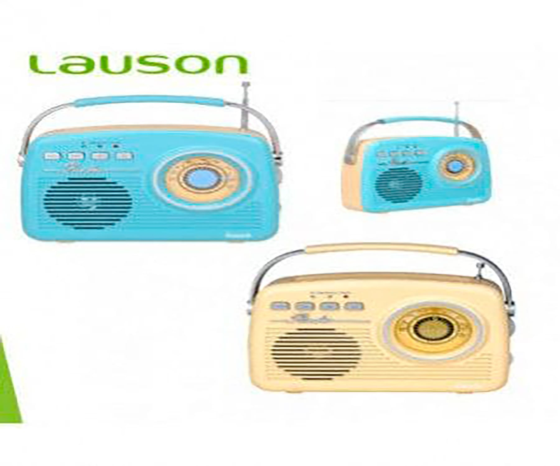 Tres radios retro. Azul, amarillo y turquesa con asas y dial.