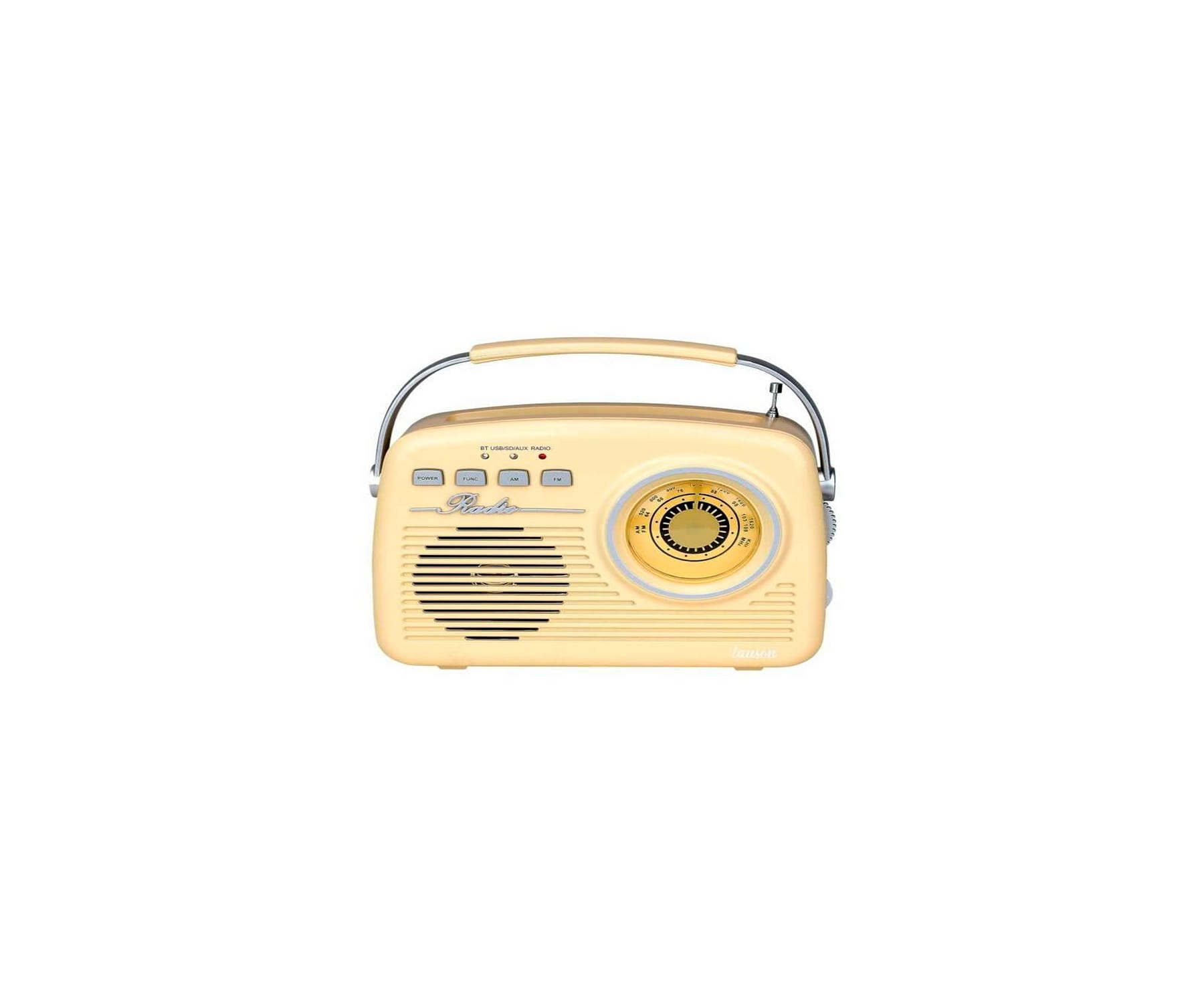 Una radio retro color crema con asa y antena. Está sobre un fondo blanco.
