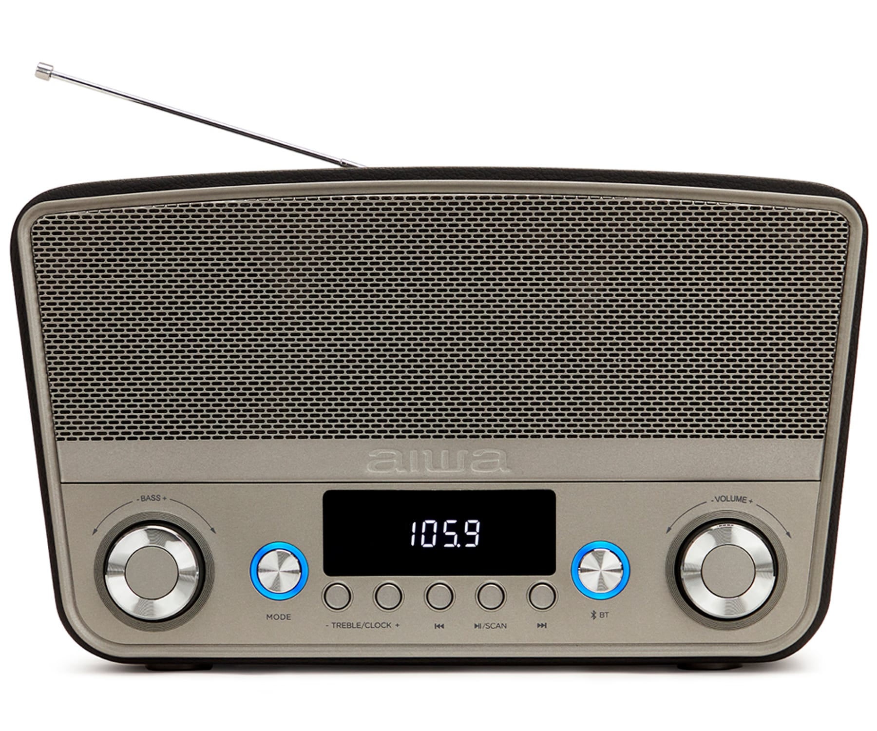 Radio AIWA plateada y gris con pantalla digital y botones de control.