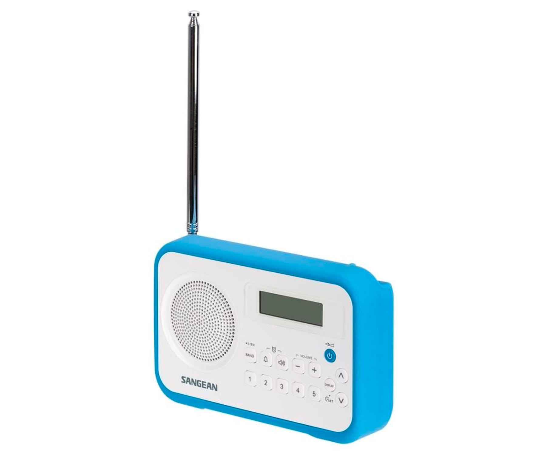 Niebiesko-białe radio z anteną, głośnikiem, wyświetlaczem i przyciskami. Na białym tle.