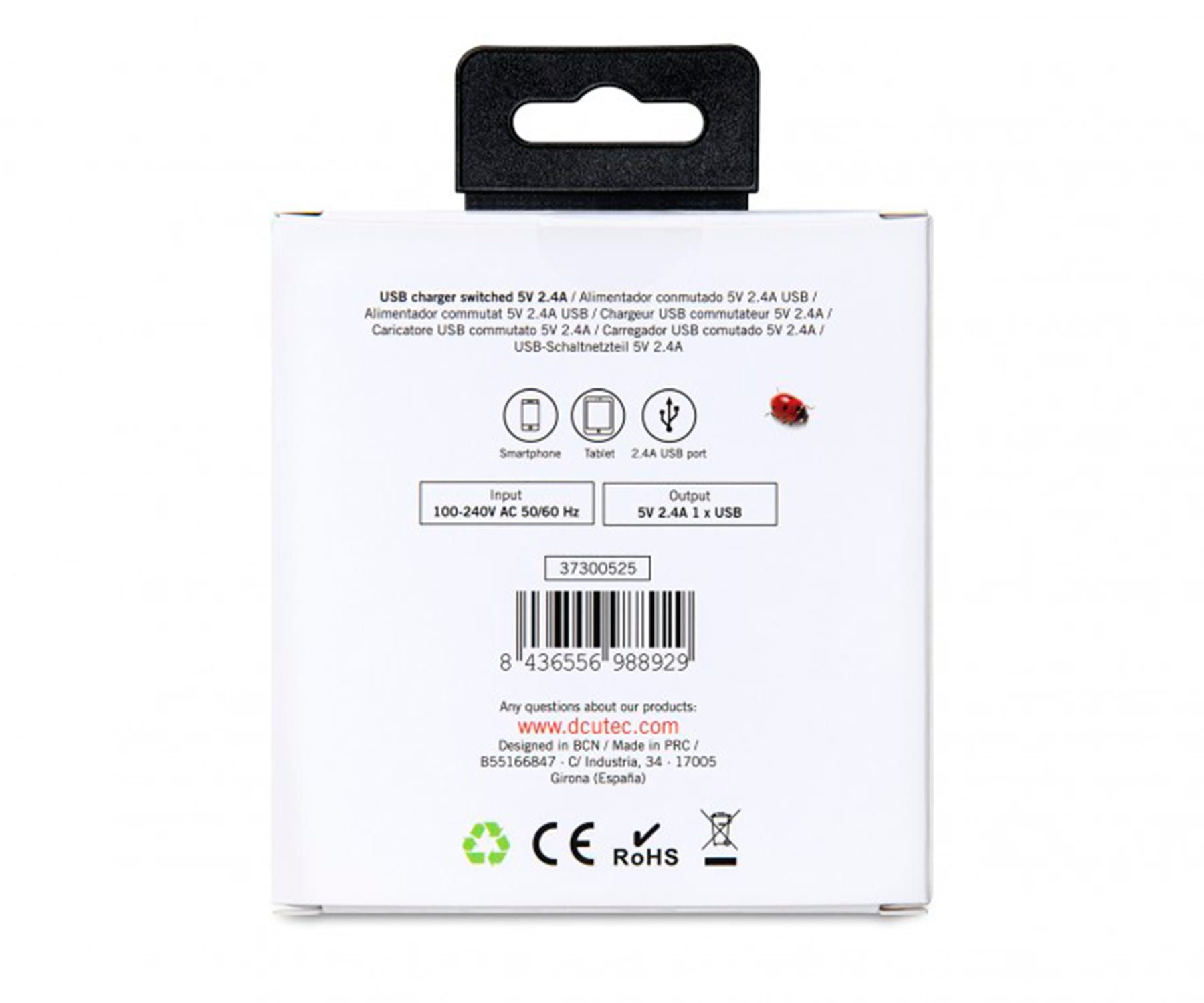 Parte trasera de una caja blanca con texto, diagramas y logotipos que describen un cargador USB.