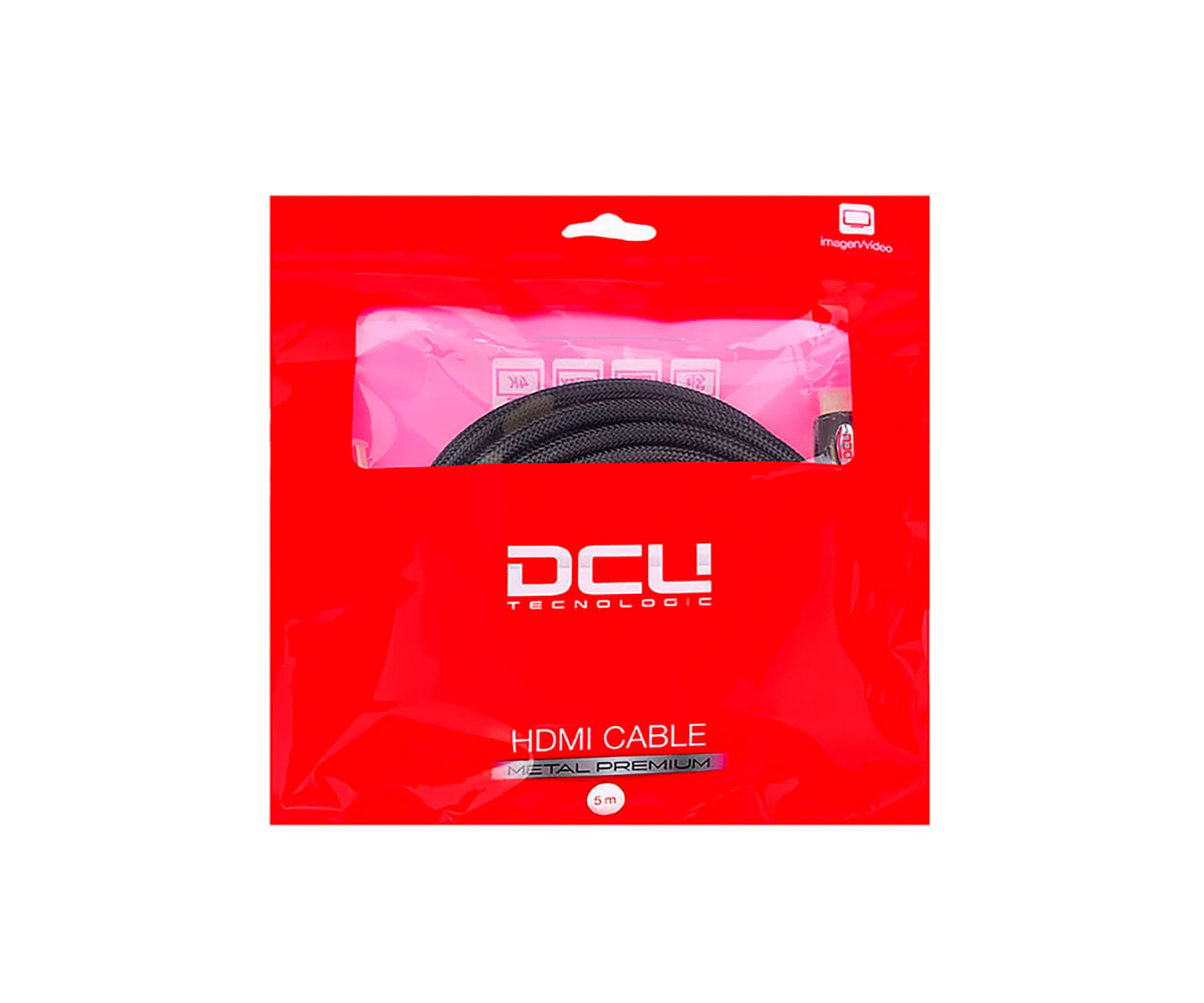 Paquete de plástico rojo con cable HDMI negro dentro. El paquete tiene texto blanco.