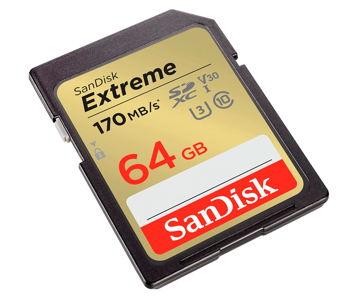 Une carte SD SanDisk Extreme dorée et noire, avec les étiquettes SanDisk et Extreme visibles.