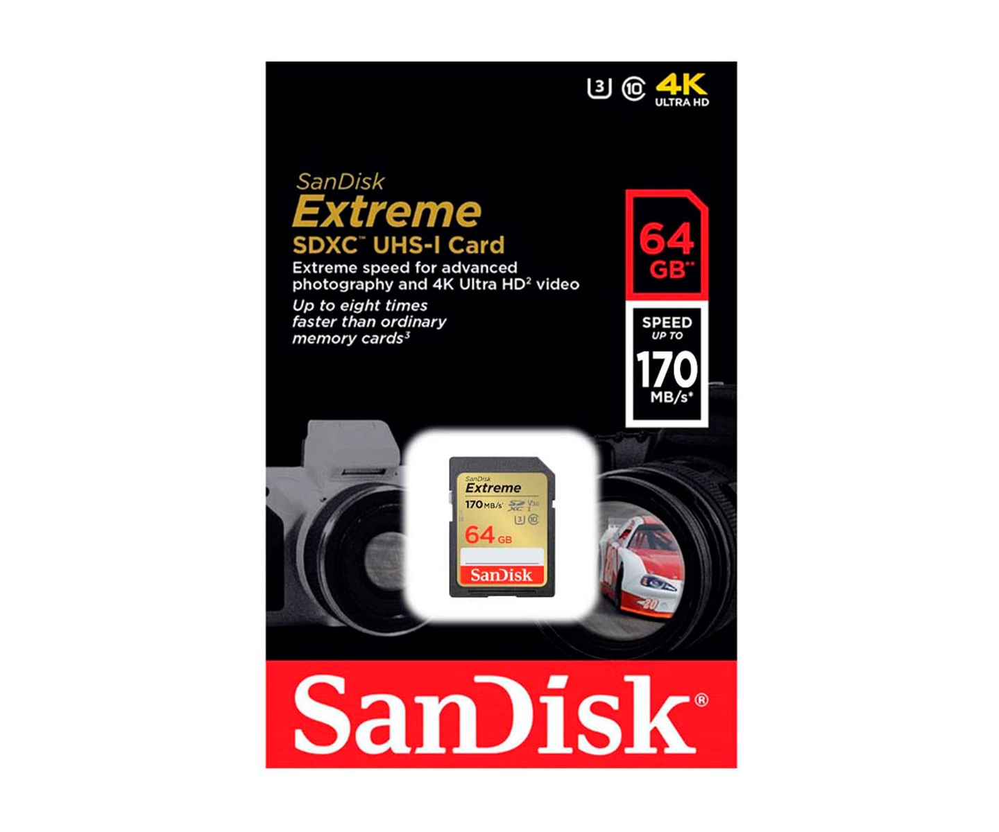 Carte SD avec texte et images, noir et rouge. 64 Go, jusqu'à 170 Mo/s.