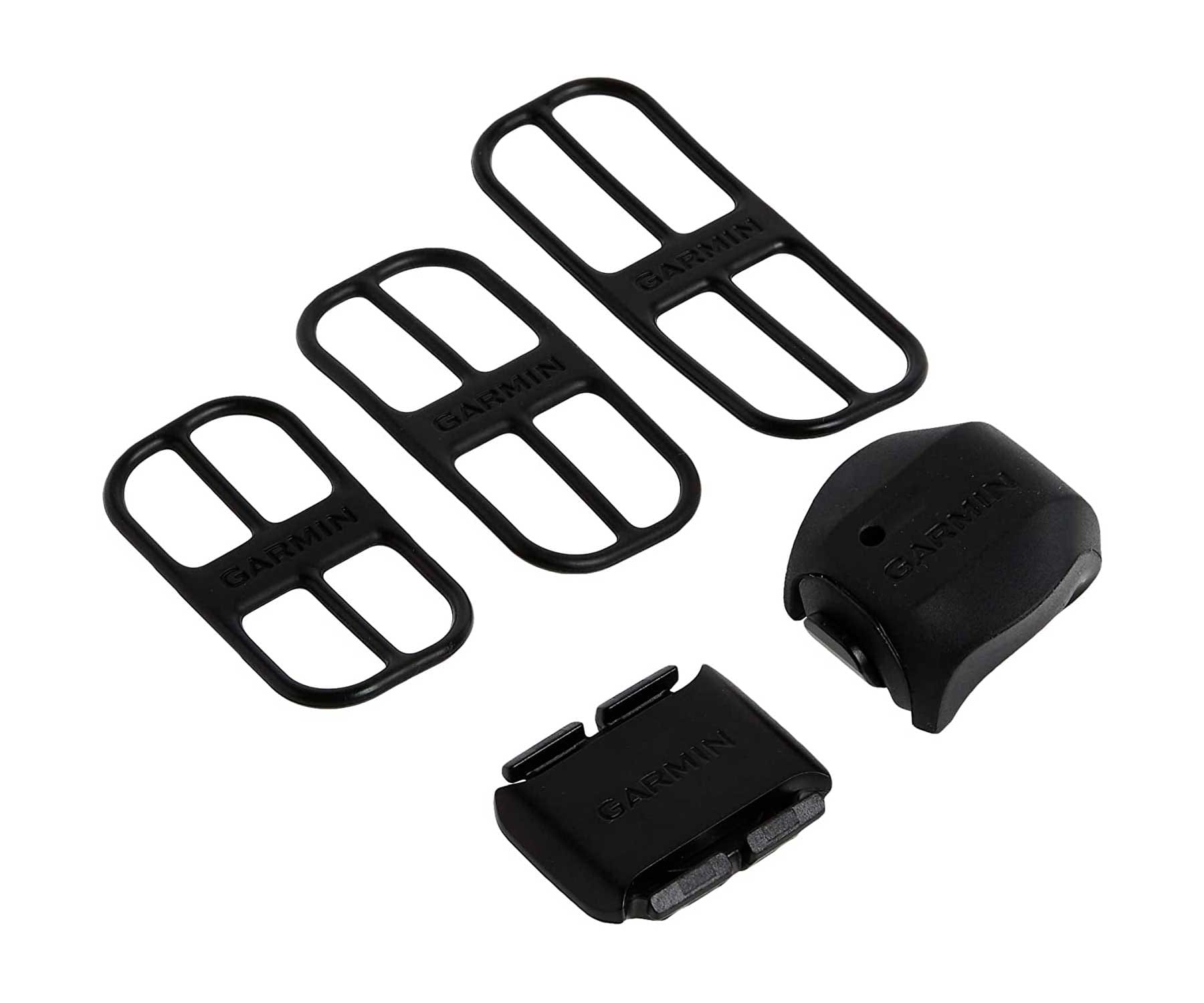 Accessori per ciclismo Garmin neri. Include supporti e un sensore. Sfondo bianco.