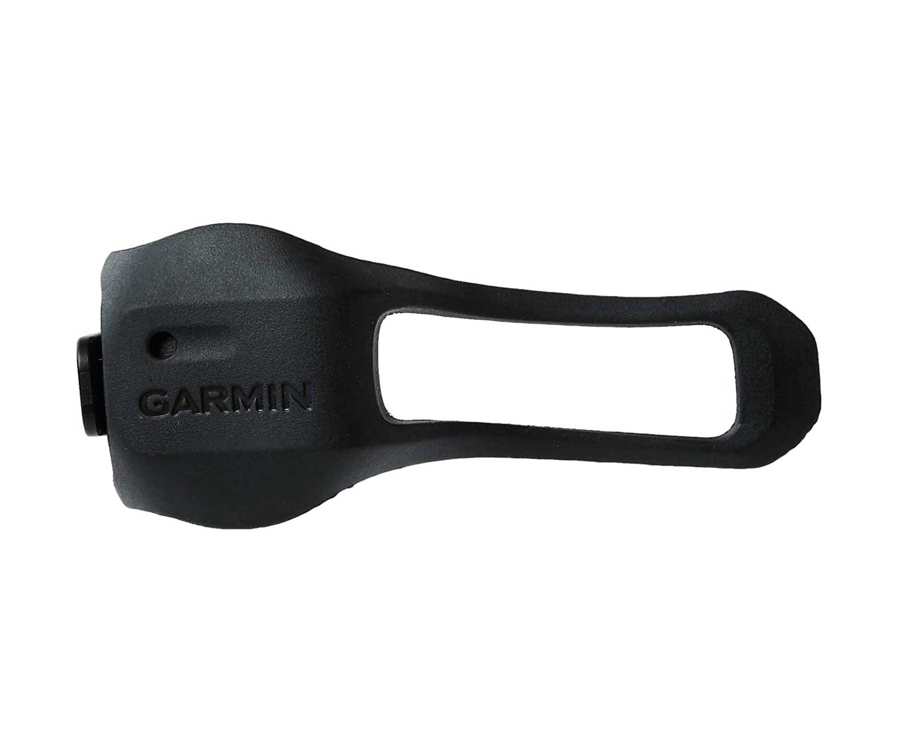 Un sensore Garmin Foot Pod nero con logo Garmin e attacco per cinturino, su sfondo bianco.
