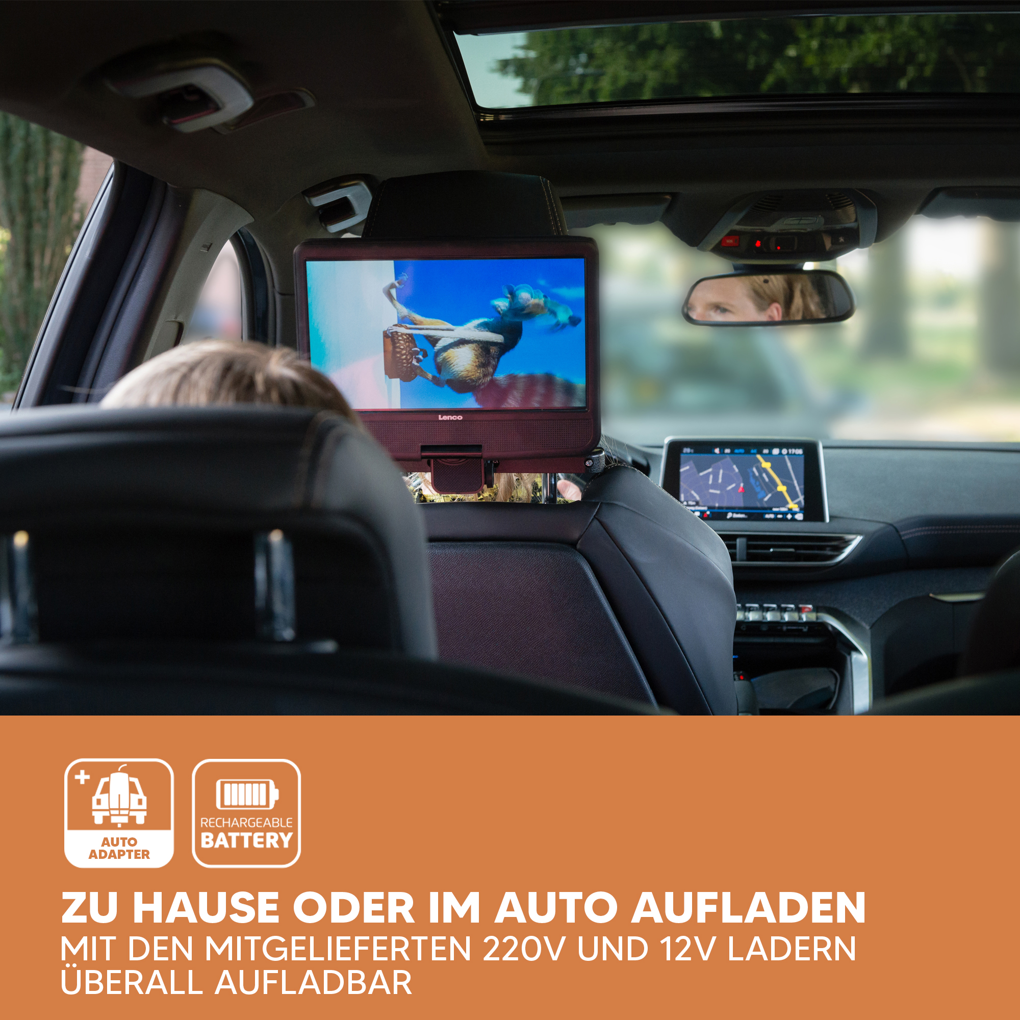 Rücksitz mit Bildschirm, der ein Video abspielt, Text in Orange.