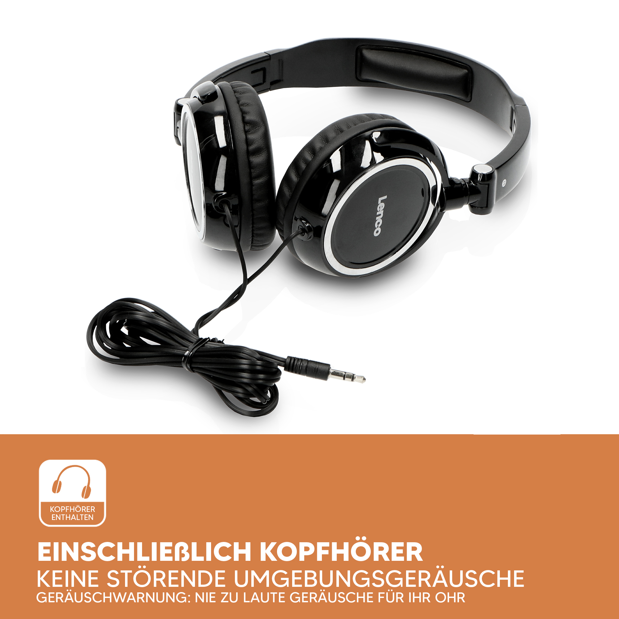 Schwarze Kopfhörer mit Kabel und Logo auf weißem Hintergrund mit Text darunter.