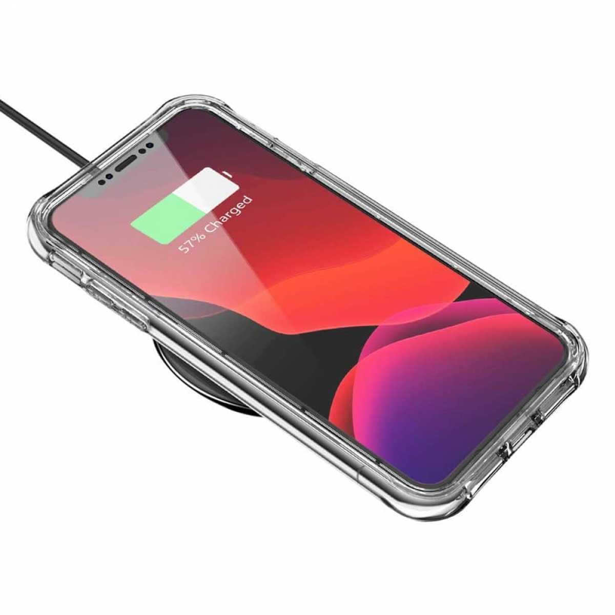 Telefon auf einem kabellosen Ladegerät. Das Telefon zeigt 57% geladen an.