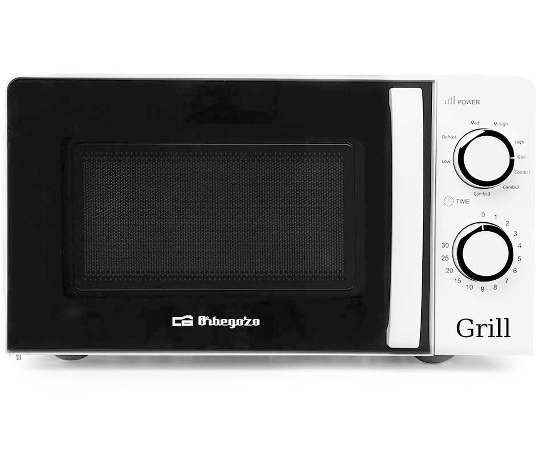 Czarno-biała kuchenka mikrofalowa. Panel sterowania z przyciskami zasilania i czasu.