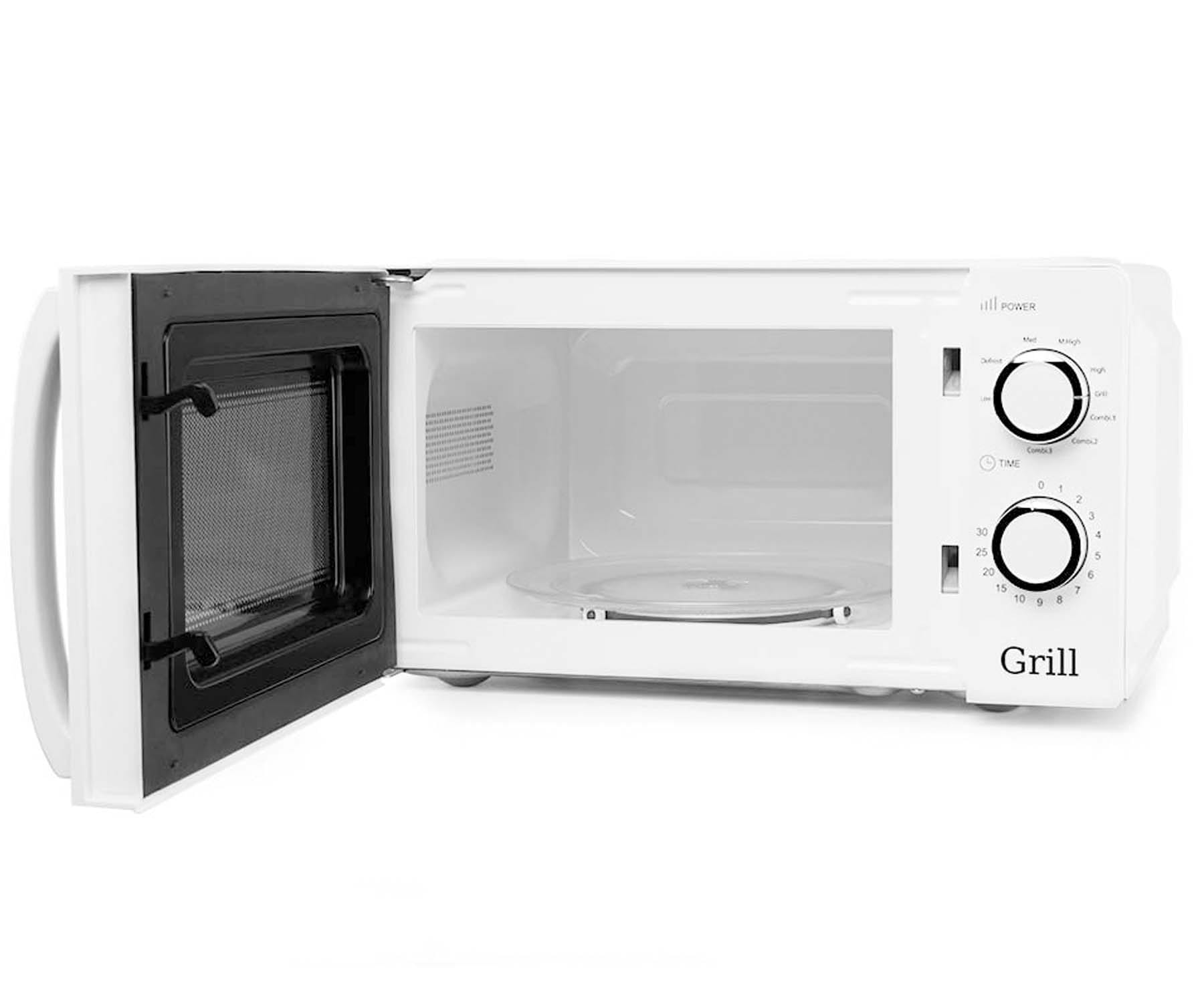 Biała kuchenka mikrofalowa z otwartymi drzwiami, pokazująca wnętrze i elementy sterujące.