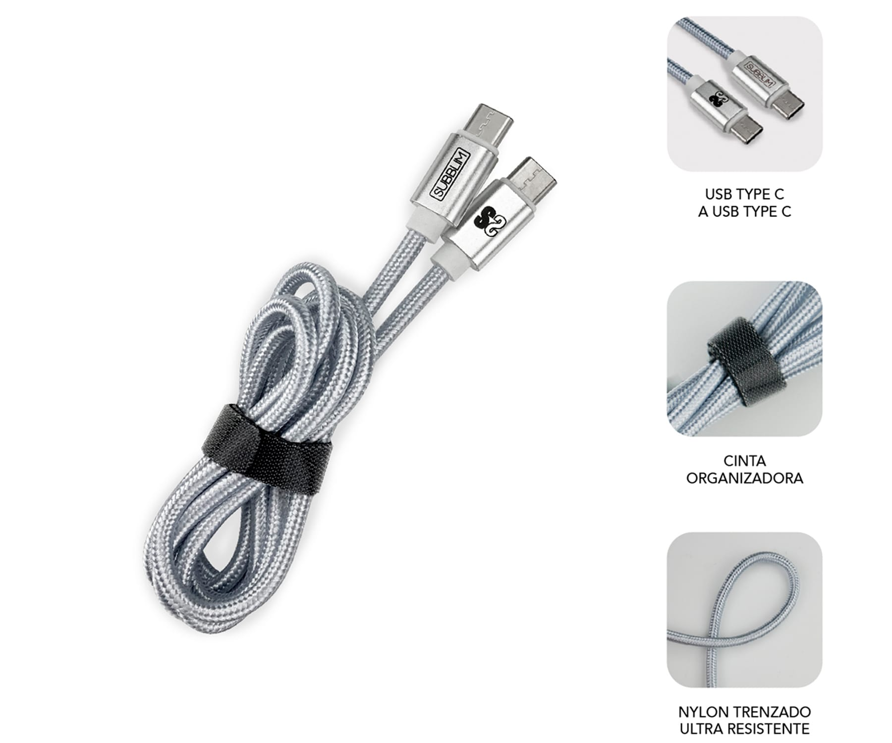 Cable USB-C a USB-C plateado con organizador negro. Toma cercana con etiquetas.