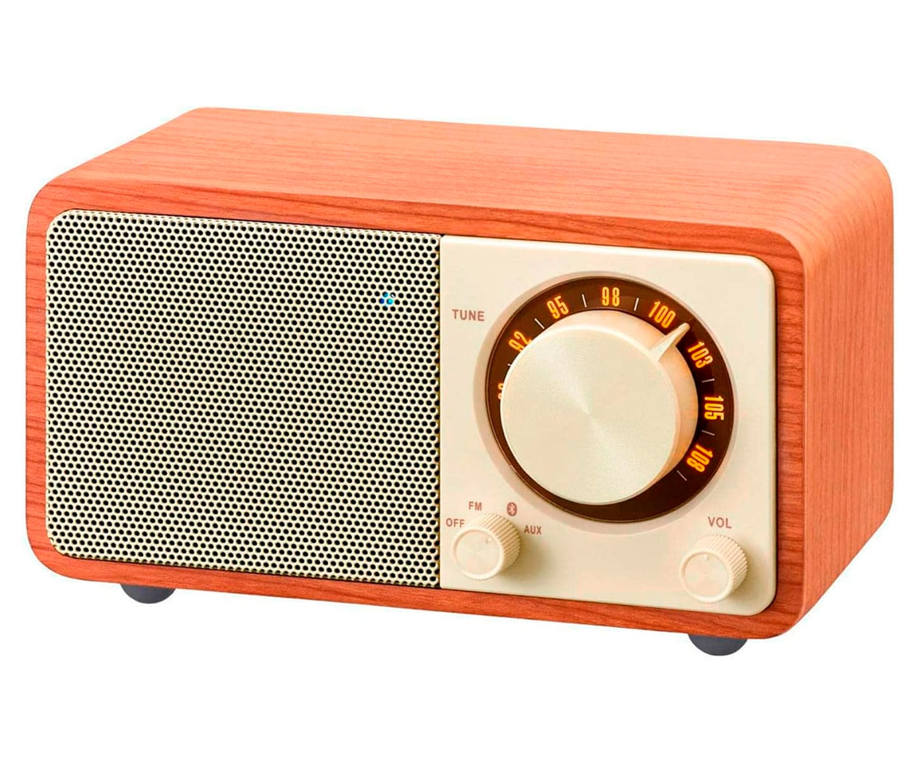 Drewniane radio z pokrętłem i głośnikiem.