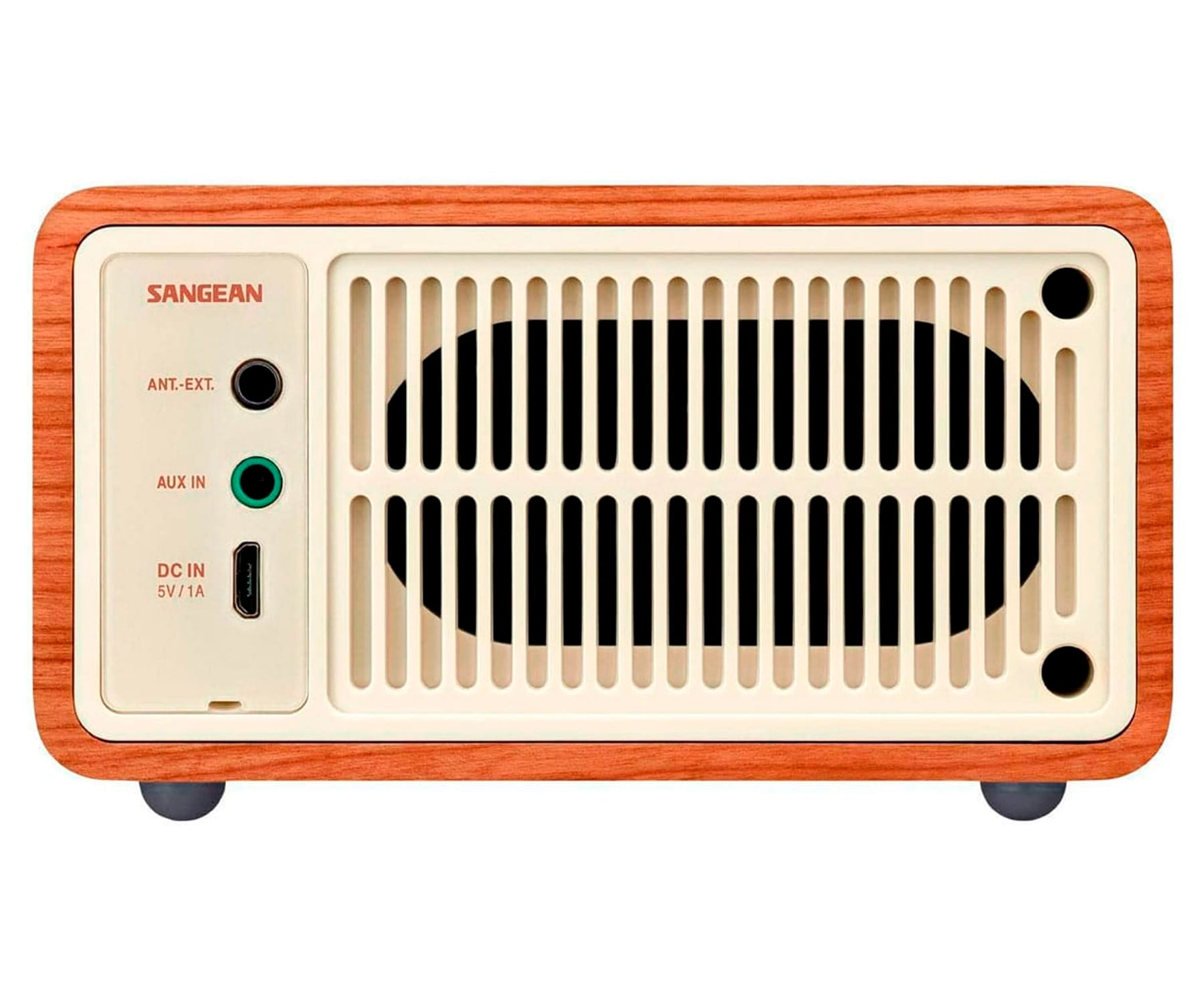 Brązowe i beżowe radio w stylu retro. Posiada kratkę głośnika i porty wejściowe.