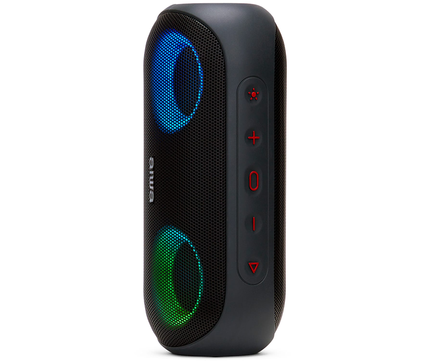 Un altavoz AIWA negro con luces de colores en la parte delantera y botones de control. Fondo blanco.