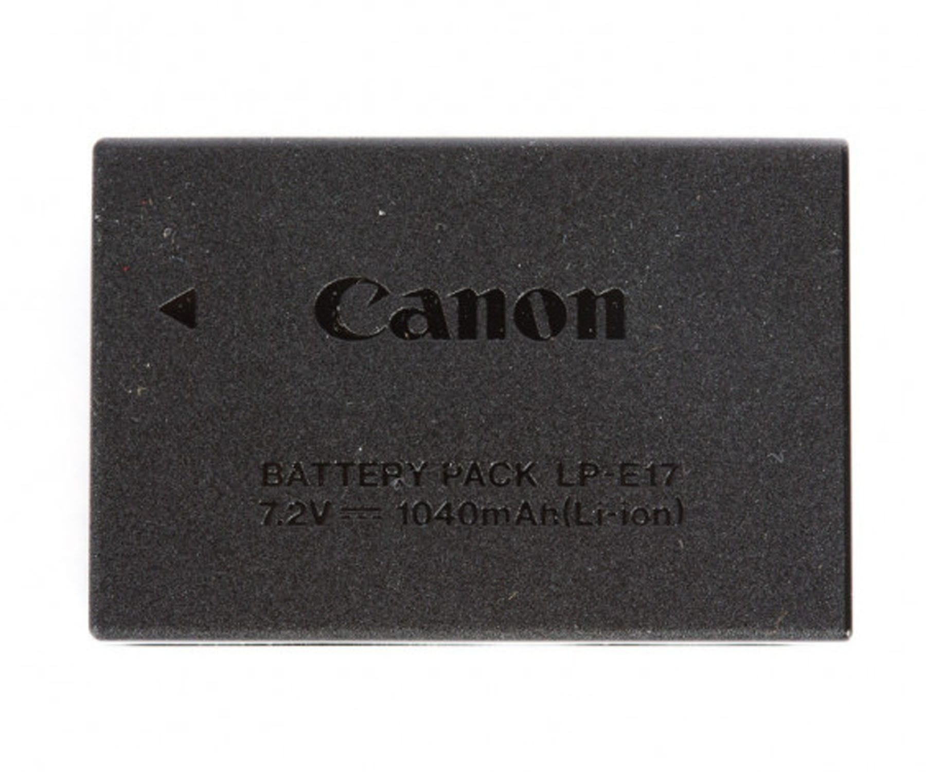 Czarny akumulator Canon LP-E17. Logo Canon jest widoczne z przodu.
