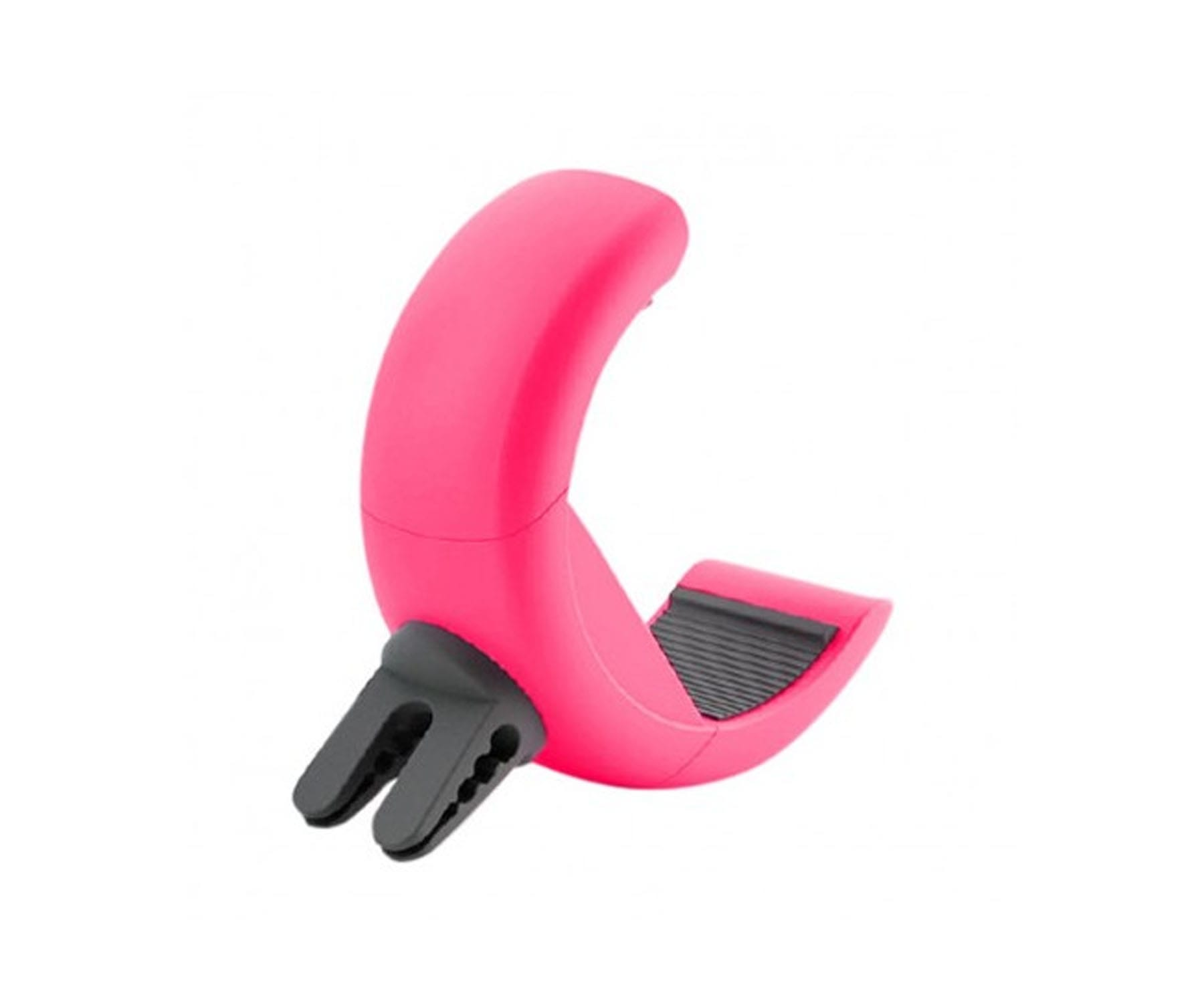 Soporte para teléfono de coche rosa. Fijación con clip negro. Fondo blanco.