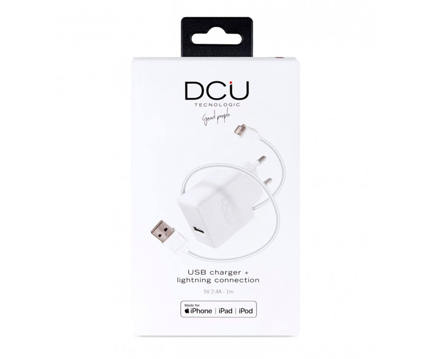 Un cargador USB blanco con un cable blanco adjunto y un conector Lightning.