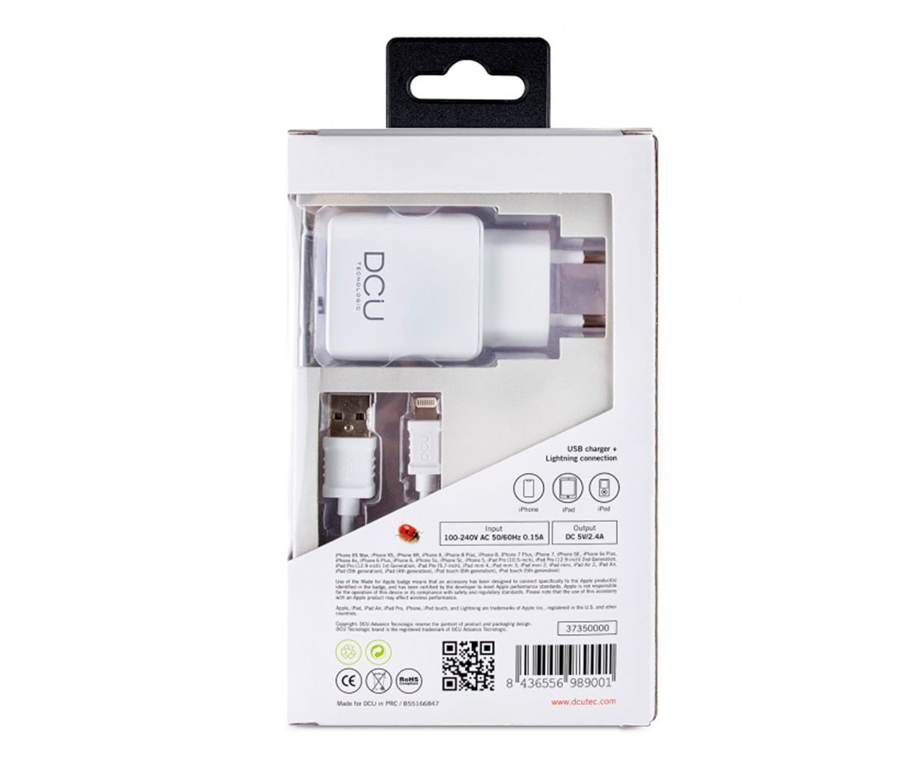 Un cargador y cable de teléfono blancos en una caja con descripción.